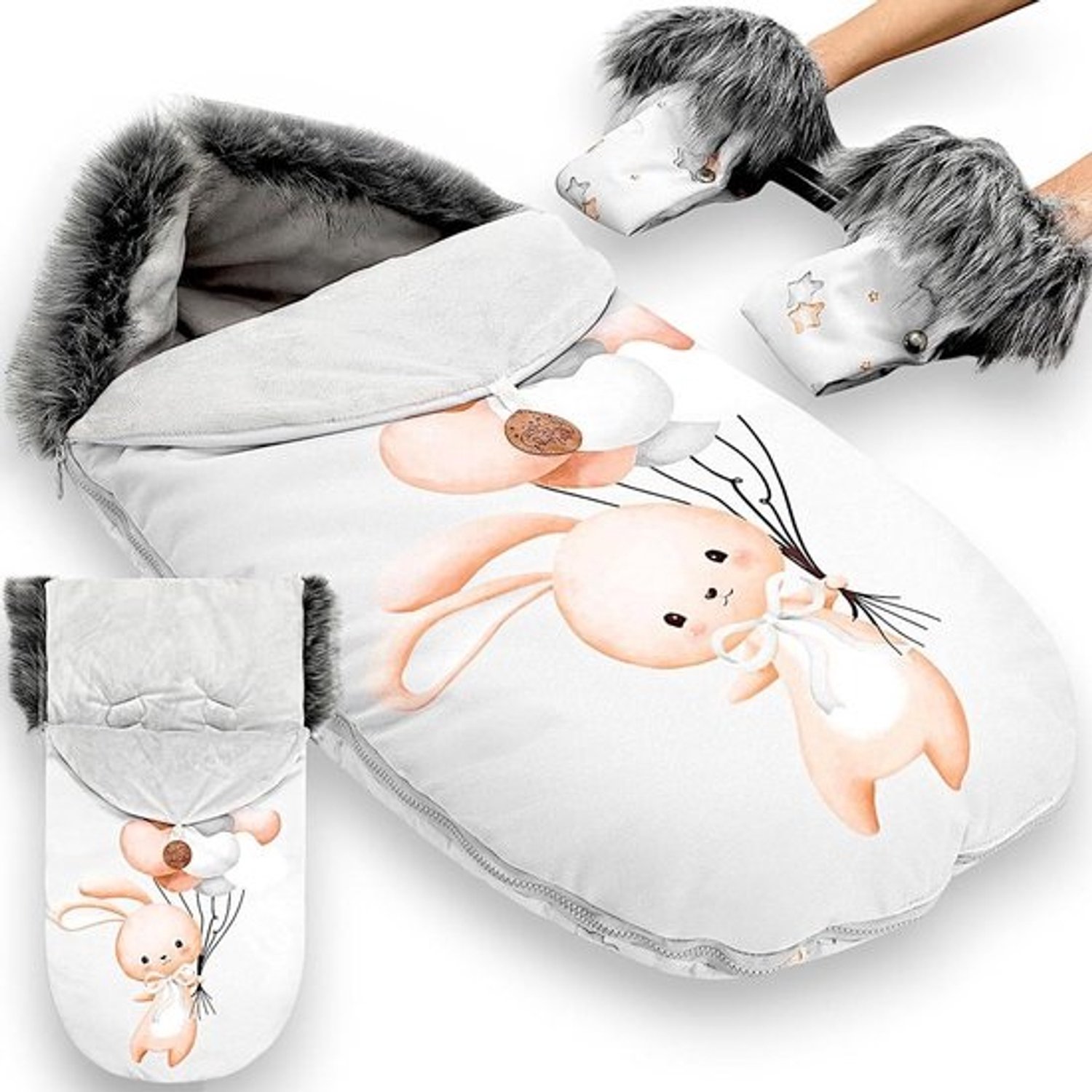 Voetenzak voor kinderwagen - Winterinlay - Voor winterse uitstapjes - Waterafstotende buitenkant - 90x45cm - Konijn