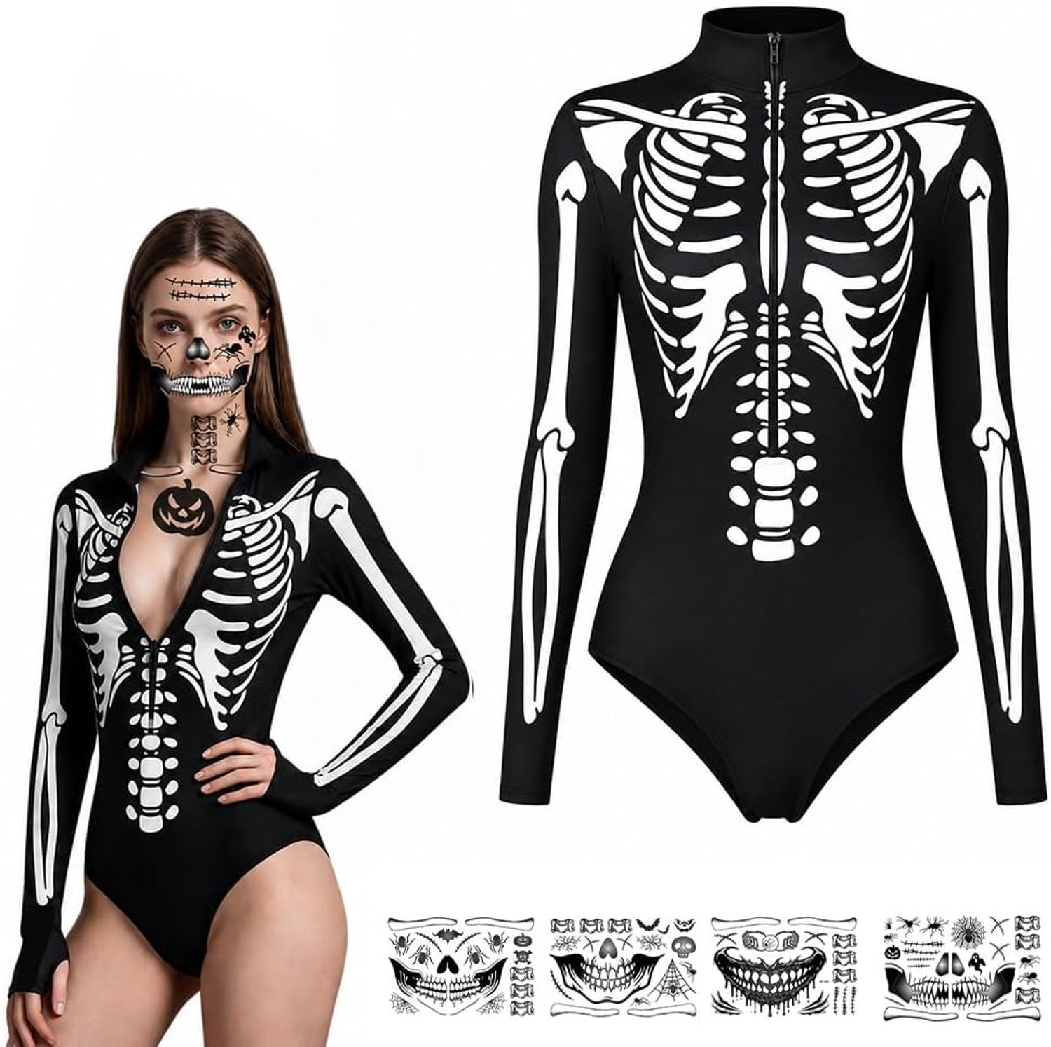 Skeletkostuum voor dames, met 4 tattoo-stickers, XL