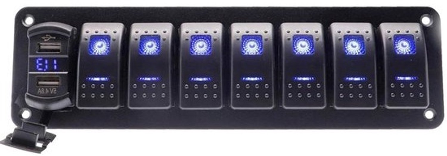 Rocker Schakelaar Paneel - Maritieme schakelaar - Bediening voor watersport - Dubbele USB-lader - 12V 24V - Zwart met blauwe LED