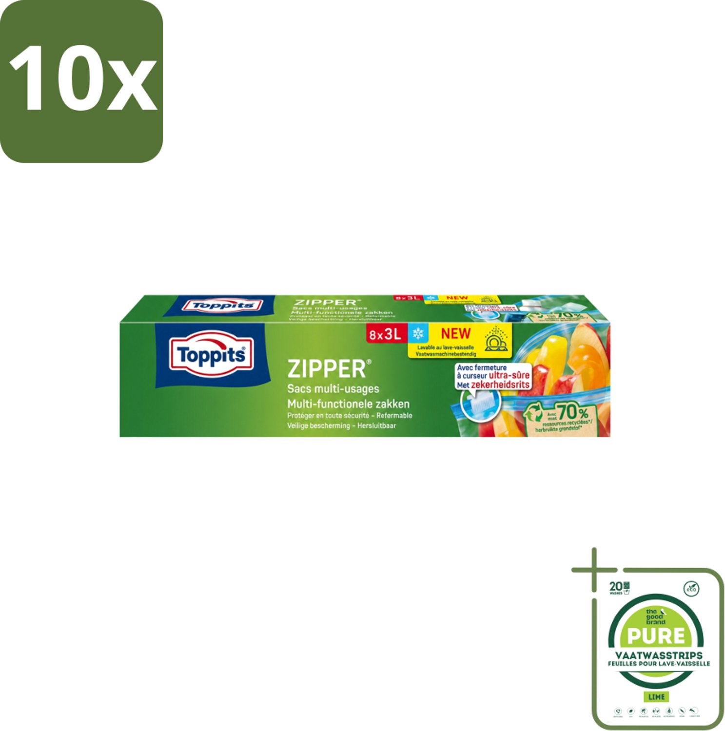 10 x Toppits – Zipper Multifunctionele Zakken – 3 Liter – 8 Zakjes - Grootverpakking - Vaatwasstrips - Zipper Zakken - Lekvrij - Herbruikbaar - Invriezen - Marineren