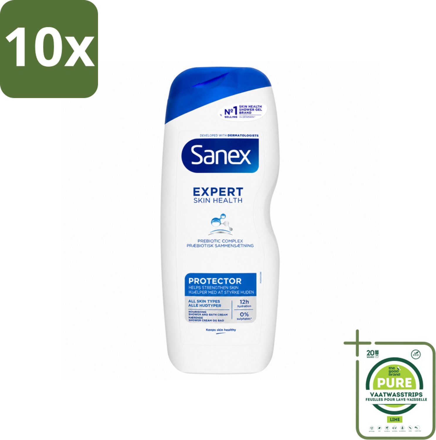 10 x Sanex – Douchegel – Expert Skin Health Protector – 600 ml - Grootverpakking - Vaatwasstrips - Huidversterkend - Huidbarrière - Hydratatie - Pre- En Postbiotica - Gezond Huidmicrobioom