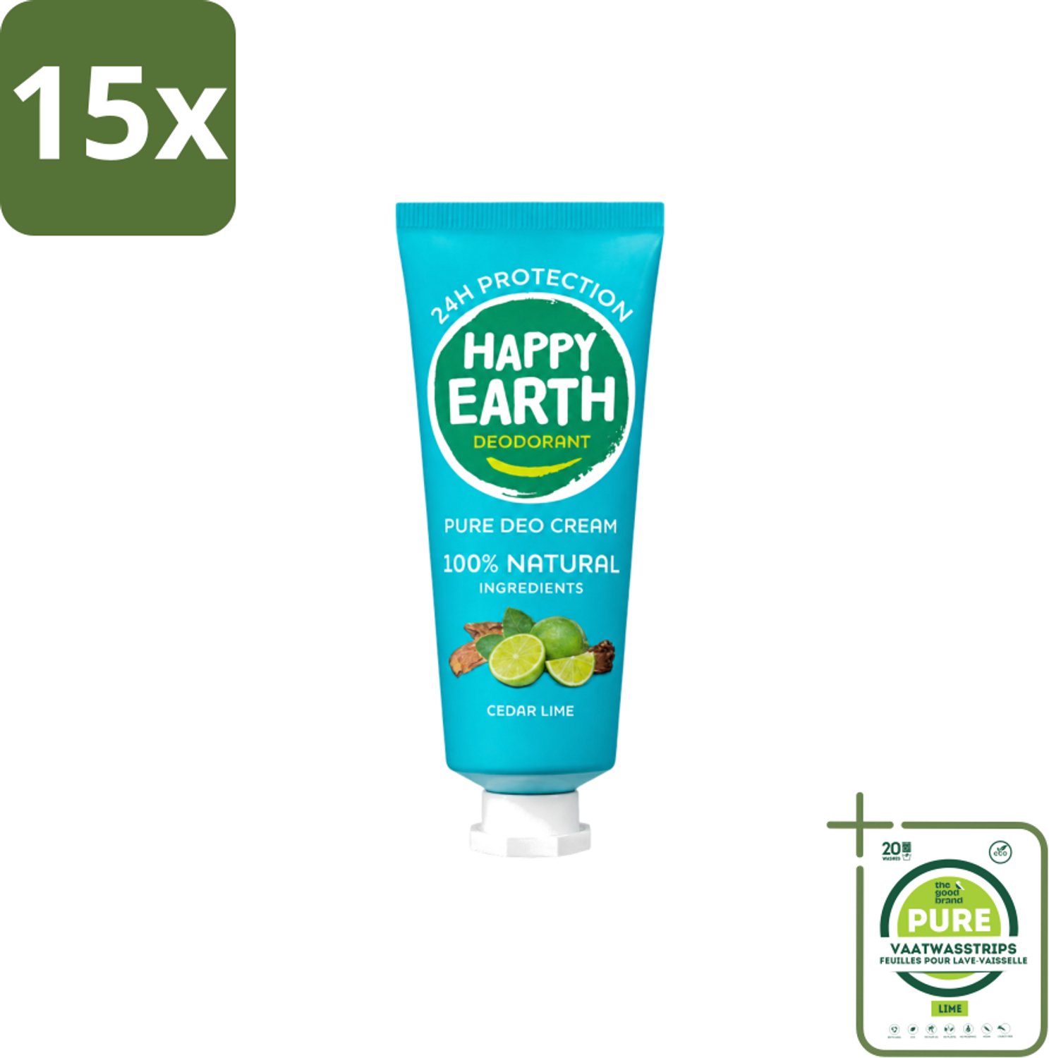 15 x Happy Earth – Deodorant Cream – 100% Natuurlijk Cedar Lime – 40 ml - Grootverpakking - Vaatwasstrips - Natuurlijke Deodorant - Deodorant Crème - Frisse Geur - Cederhout - Limoen