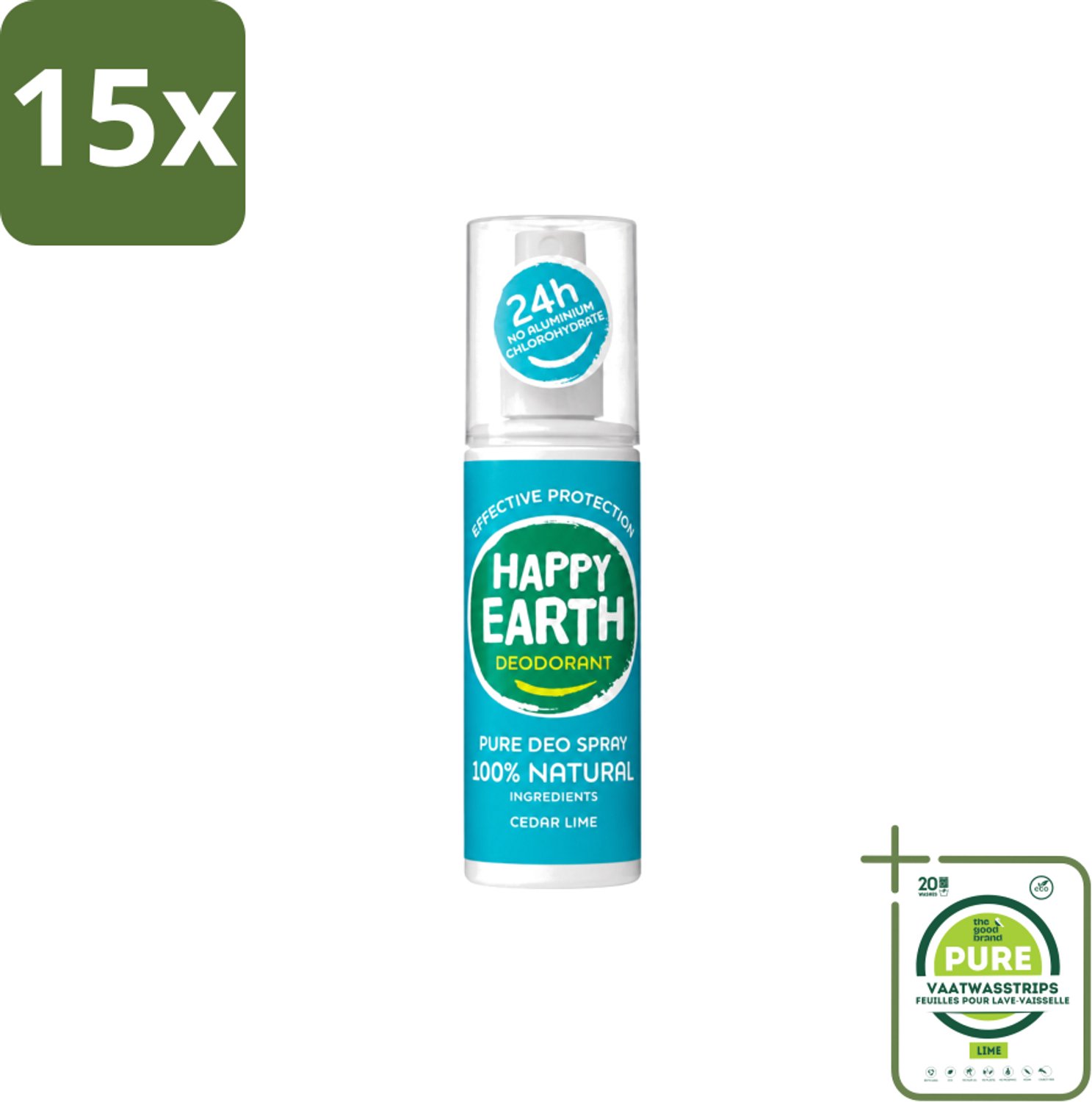 15 x Happy Earth – Deodorant Spray – 100% Natuurlijk Cedar Lime – 100 ml - Grootverpakking - Vaatwasstrips - Deodorant Spray - Fris Geur - Cederhout En Limoen - Natuurlijke Deodorant - Huidvriendelijk