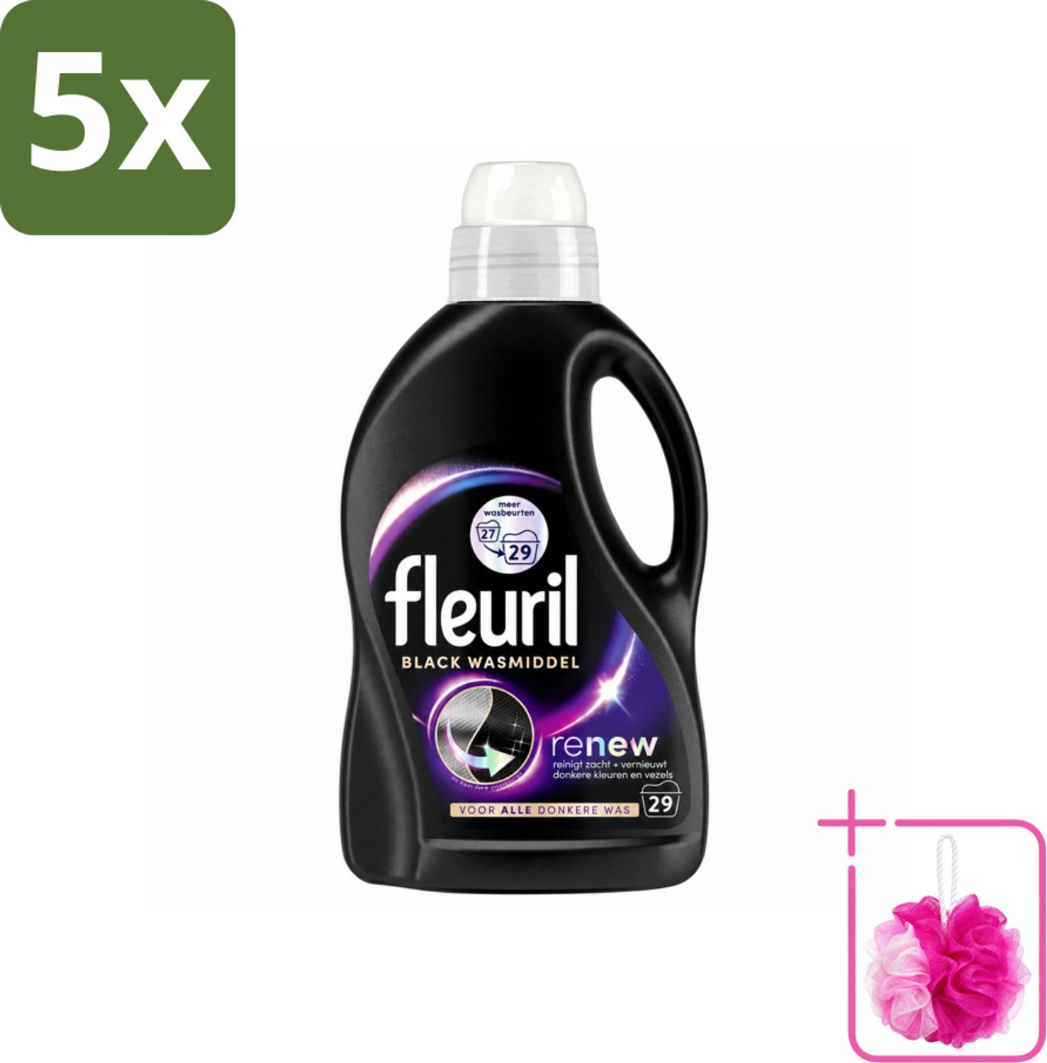 5 x Fleuril – Wasmiddel - Black – 29 wasbeurten – 1,305 L - Bulkverpakking - Wasmiddel zwart - Douchemop - Kleurbehoud zwart
