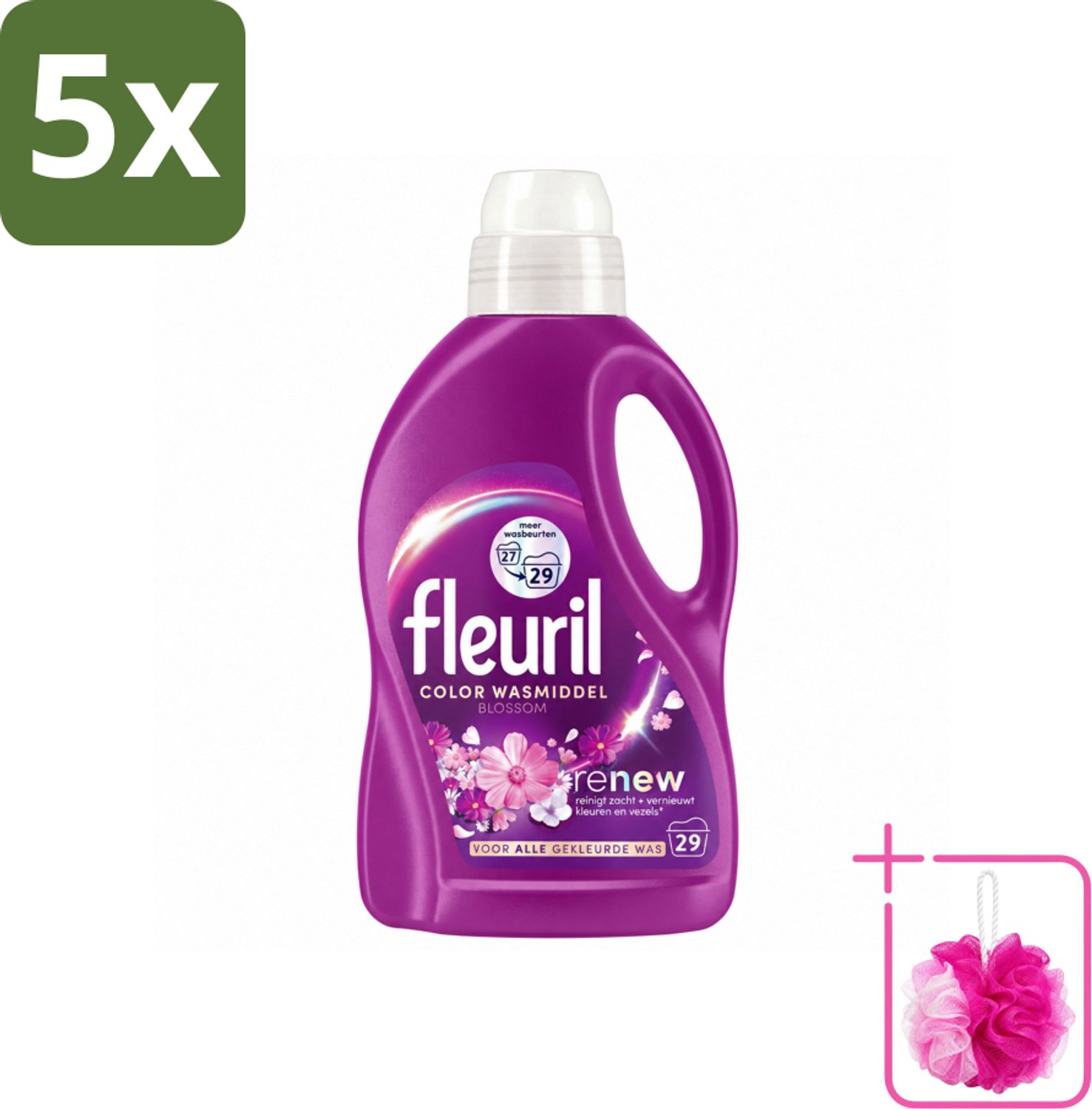 5 x Fleuril – Wasmiddel - Color Blossom – 29 wasbeurten – 1,305 L - Bulkverpakking - Kleurbehoud - Douchemop - Wasmiddel voor gekleurde kleding