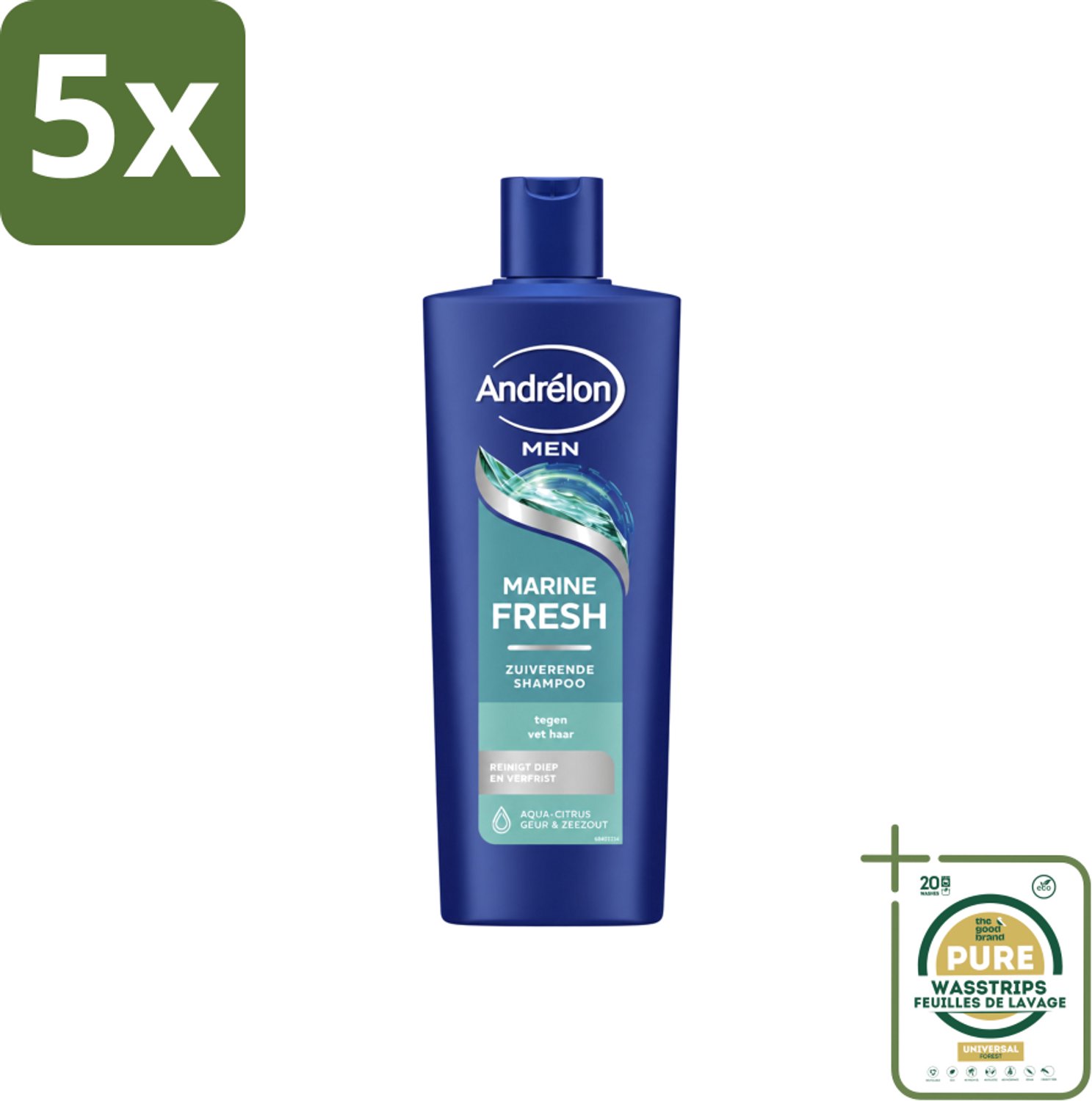 5 x Andrélon – Shampoo – Marine Fresh Men – 400 ml - Wasstrips - Manen Haar Reinigen - Vet Haar Reinigen - Stylingresten Verwijderen - Krachtig Shampoo - Zeezout Shampoo