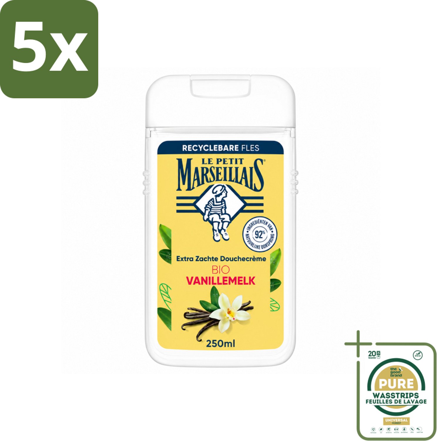 5 x Le Petit Marseillais – Douchecrème – Lait de Vanille Bio – Extra zacht – 250 ml - Wasstrips - Douchecrème - Vanille - Bio - Zachte Douchecrème - Huid Verzorging
