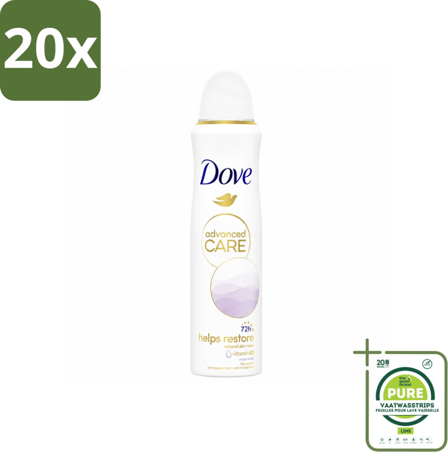 20 x Dove – Deodorant Spray – Clean Touch – 150 ml - Grootverpakking - Vaatwasstrips - Anti-transpirant - Deodorant Spray - Zweetbestendig - Geurbestendig - Huidverzorgend