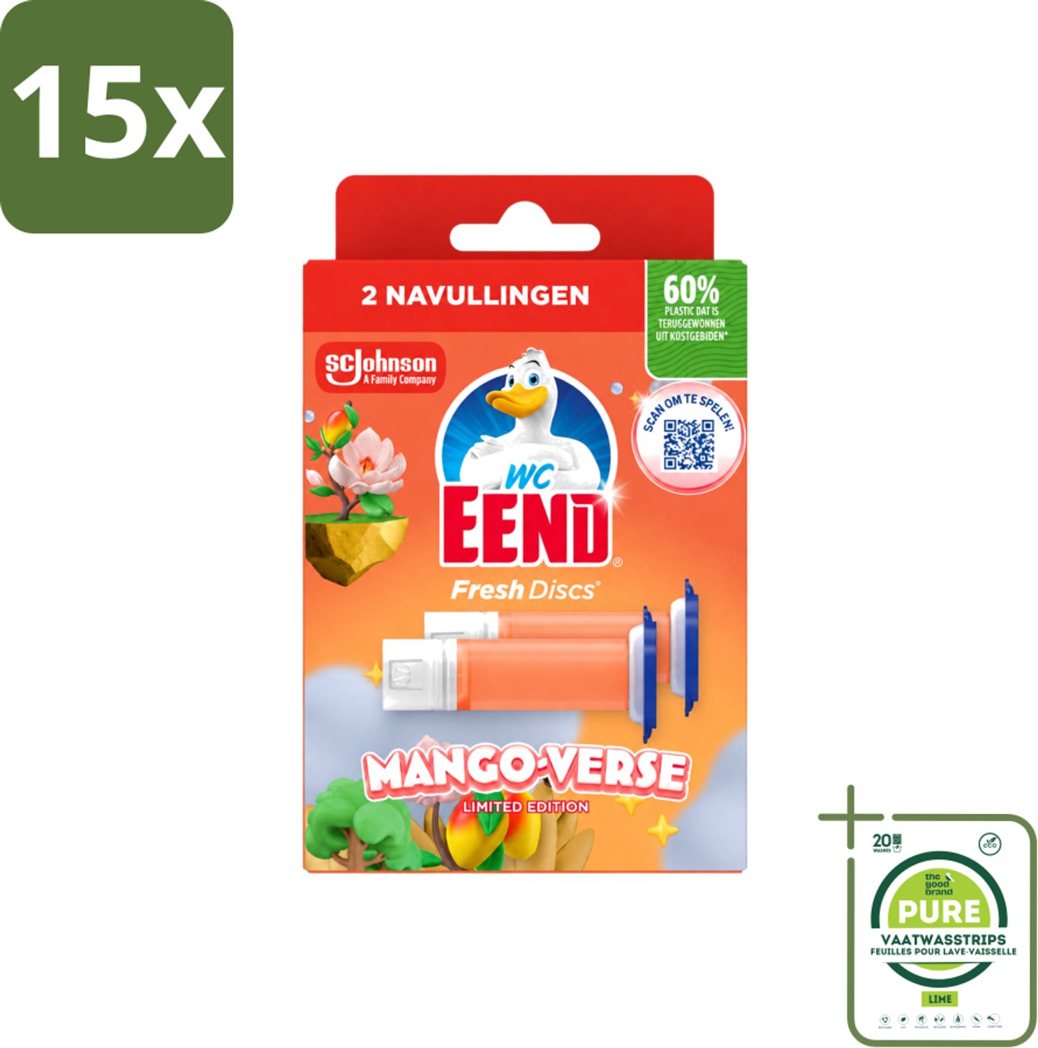 15 x WC Eend – Fresh Discs – Duo Navulling – Mango Verse – 72 ml - Grootverpakking - Vaatwasstrips - Toilet Navulling - Fris Toilet - Mango Geur - Kalkaanslag Voorkomen - Toilet Reinigen