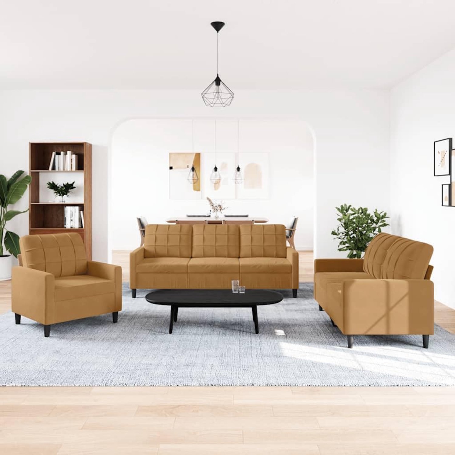 3-delig. Sofa set met kussen bruin fluweel, zacht velours sofa set met metalen frame voor woonkamer, comfortabele bekleding en modern design sofa set voor ontspanning