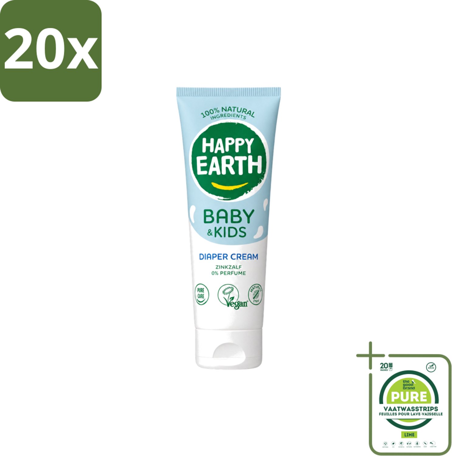 20 x Happy Earth – Diaper Cream – 100% Natuurlijk Baby & Kids – 75 ml - Grootverpakking - Vaatwasstrips - Babybillenbescherming - Luieruitslag Voorkomen - Zachte Babyhuid - Zinkoxide Crème - Natuurrustende Crème