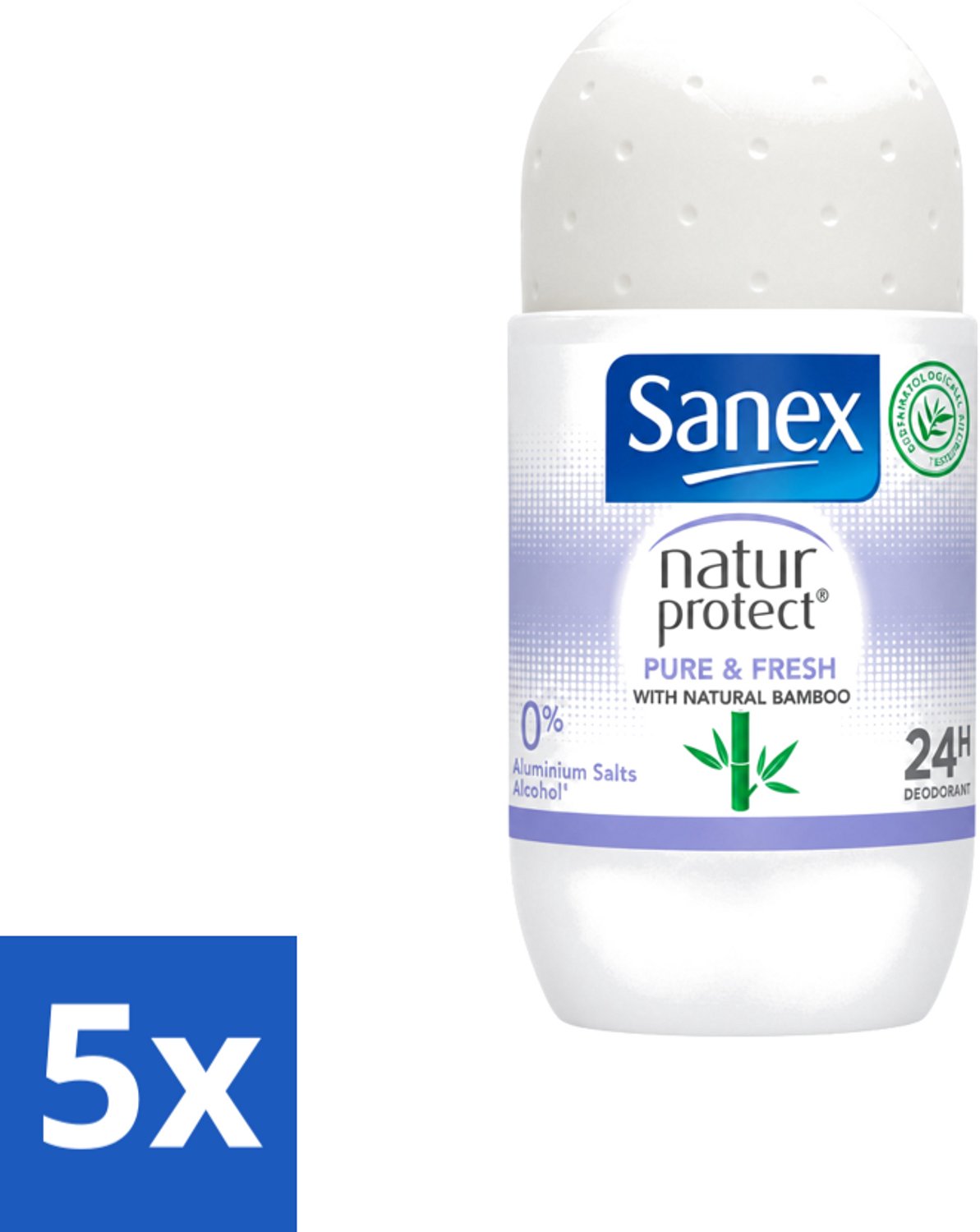 5 x Sanex Natur Protect - Deodorant Roller - Puur & Fris - Met Nattuurlijke Bamboo - 50 ml - Voordeelverpakking - 5 stuks