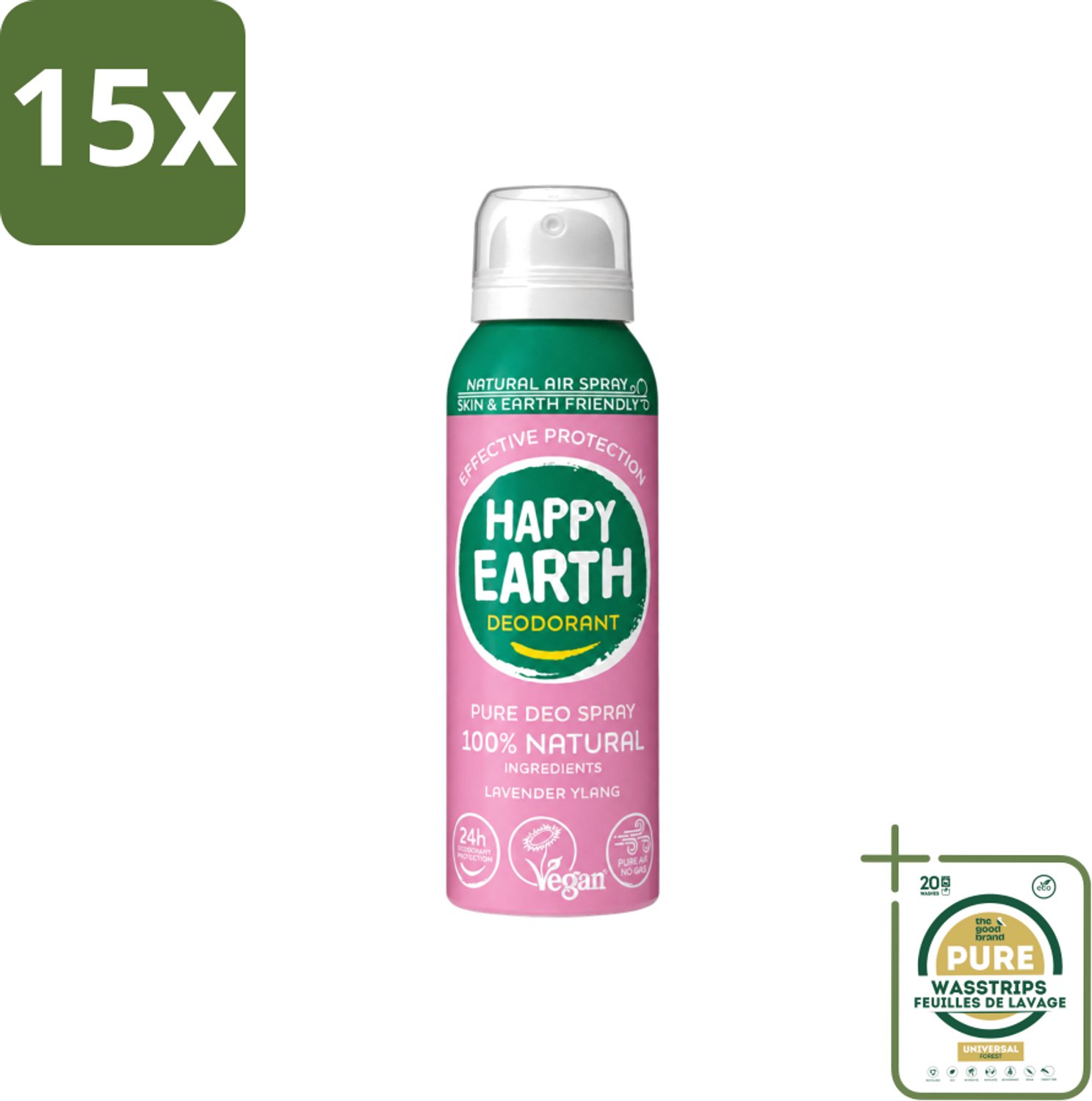 15 x Happy Earth – Deodorant Spray – 100% Natuurlijk Lavender Ylang – 100 ml - Wasstrips - 100% Natuurlijke Deodorant - Natuurlijke Deodorant Spray - Deodorant Zonder Aluminium - Deodorant Voor Huid - Deodorant Voor Kinderen