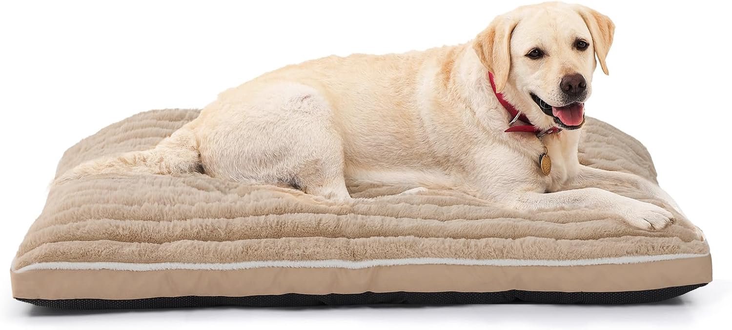 – Zacht Hondenkussen van Imitatiebont, Antislipbodem, Wasbaar in de Machine, Ideaal voor Woonkamer, Bench en Vloer (Beige kleur, 106 x 70 x 7 cm)