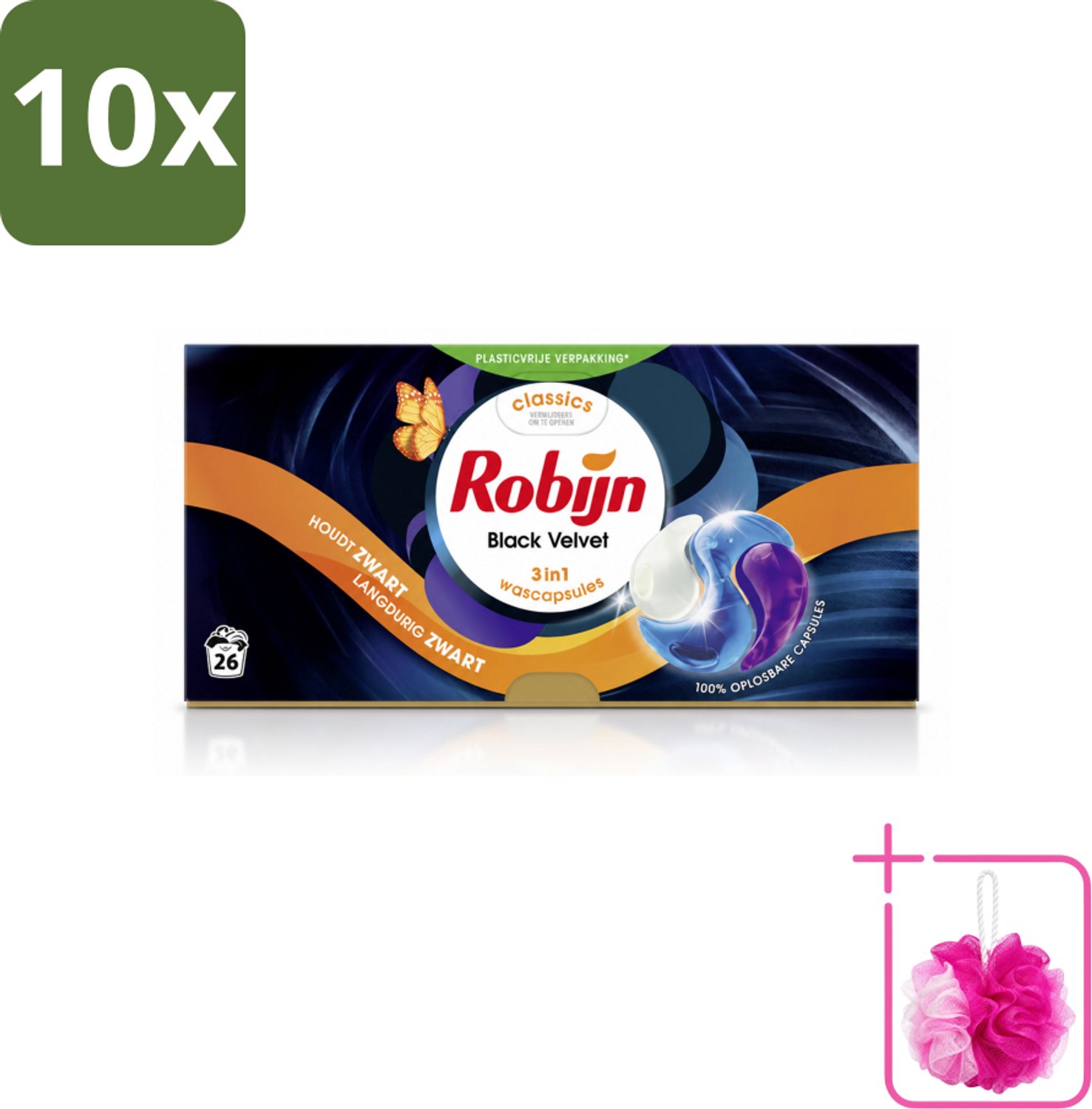 10 x Robijn – 3-in-1 Wascapsules – Black Velvet - 26 Capsules - Bulkverpakking - Zwarte was - Douchemop - Donkere was