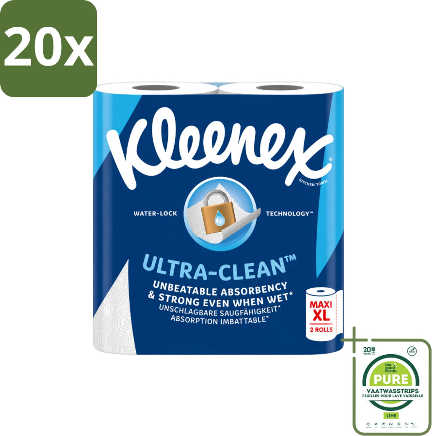 20 x Kleenex - Keukenpapier - Ultra Clean - Maxi XL - Absorberend - 2 Rollen - Grootverpakking - Vaatwasstrips - Kleenex Keukenpapier - Keukenpapier - Papier Handdoek - Absorptievermogen - Natte Omstandigheden