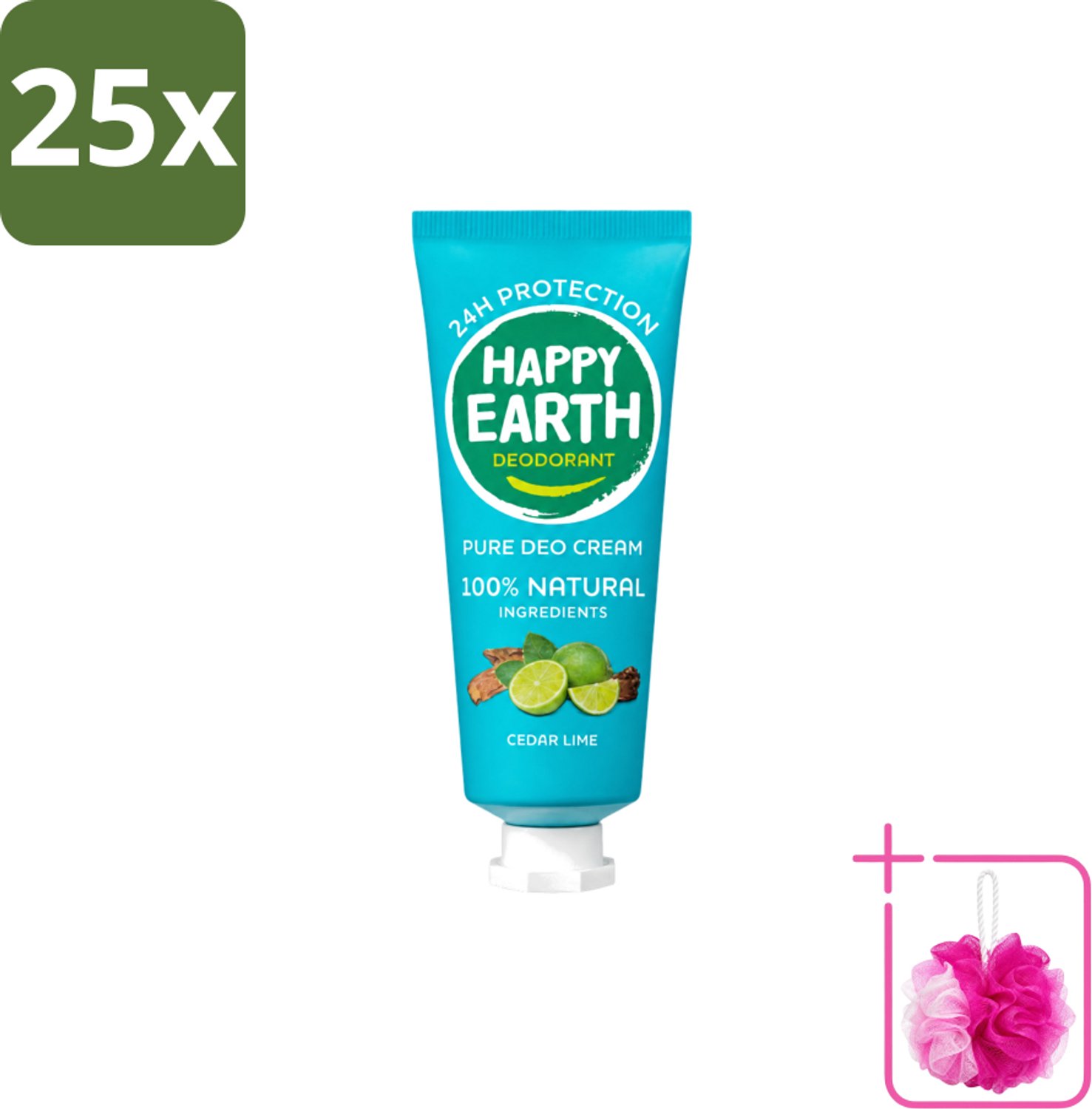 25 x Happy Earth – Deodorant Cream – 100% Natuurlijk Cedar Lime – 40 ml - Bulkverpakking - Natuurlijke deodorant - Douchemop - Deodorant crème
