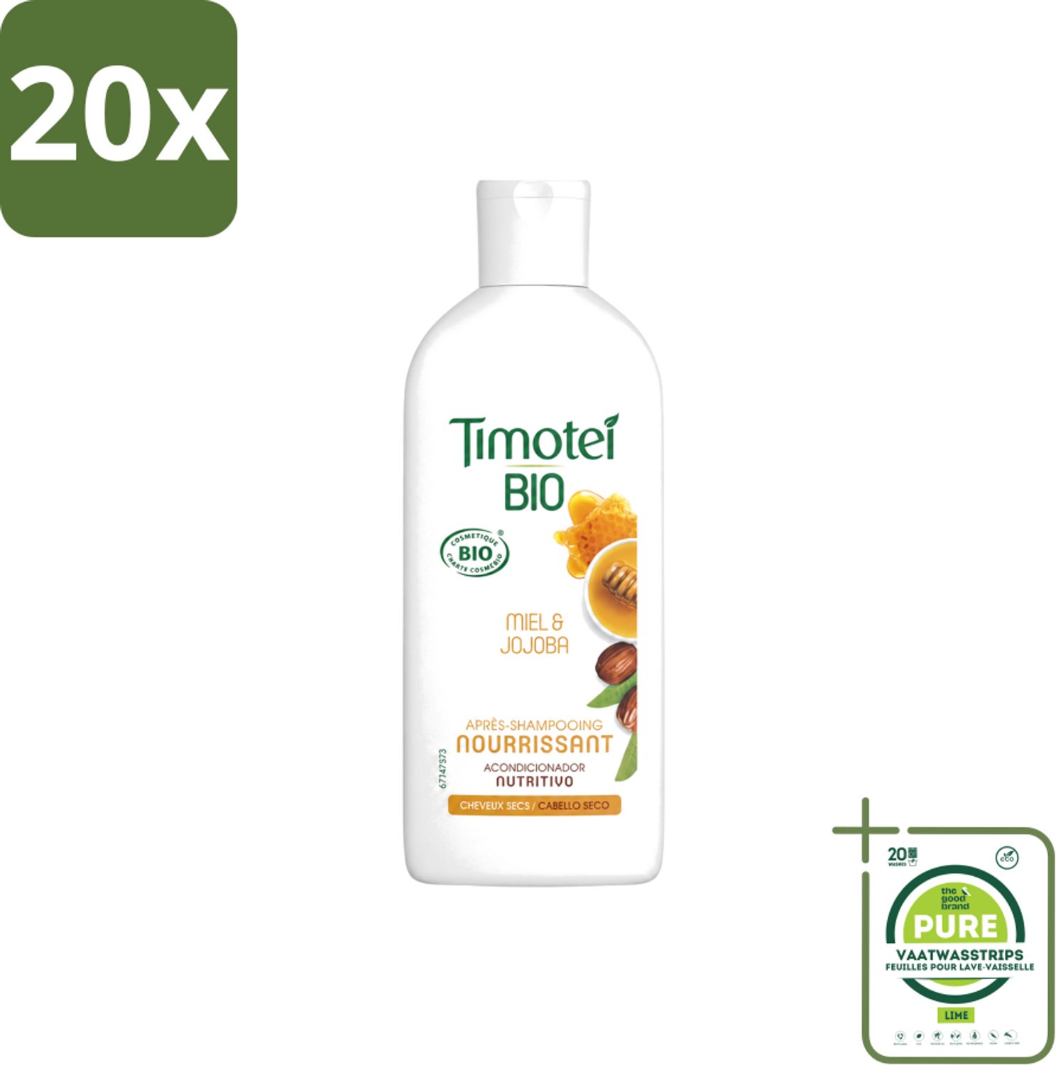 20 x Timotei - Crèmespoeling - Honing & Jojoba - Biologisch - Droog Haar & Droge Hoofdhuid - 250 ml - Grootverpakking - Vaatwasstrips - Crèmespoeling - Droog Haar - Droge Hoofdhuid - Honing - Jojoba-olie