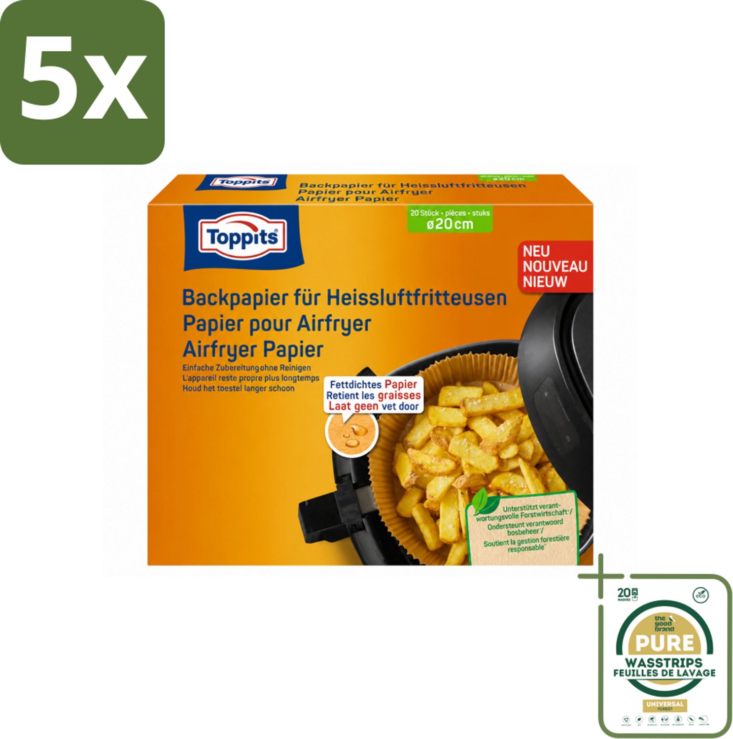 5 x Toppits – Airfryer Papier – 20 cm – 20 Zakjes - Wasstrips - Airfryer Bakpapier - Bakpapier Airfryer - Airfryer Papier - Gezond Bakpapier - Vetabsorberend Papier