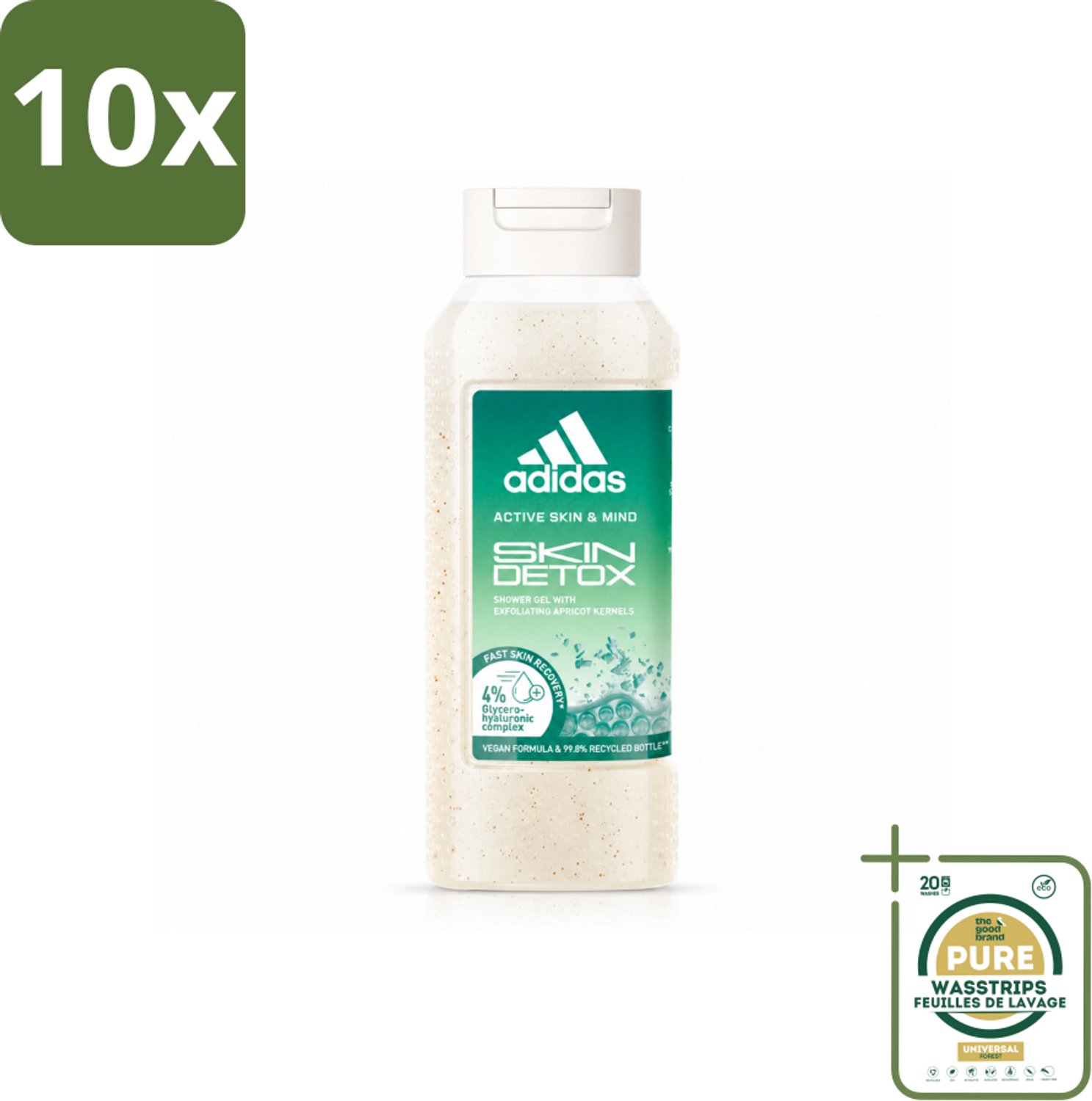 10 x Adidas – Douchegel – Active Skin & Mind Skin Detox – 250 ml - Wasstrips - Douchegel - Huidverzorging - Detox - Exfoliatie - Reiniging