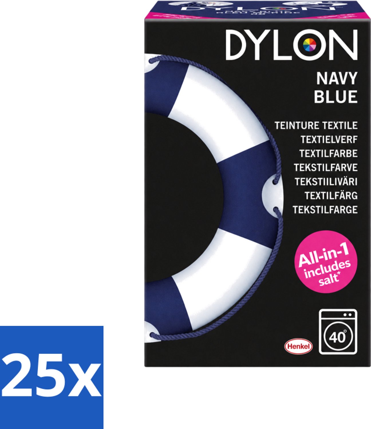 25 x Dylon - Textielverf - Navy Blue - All-in-One - Inclusief Zout - 350g - Voordeelverpakking - 25 stuks