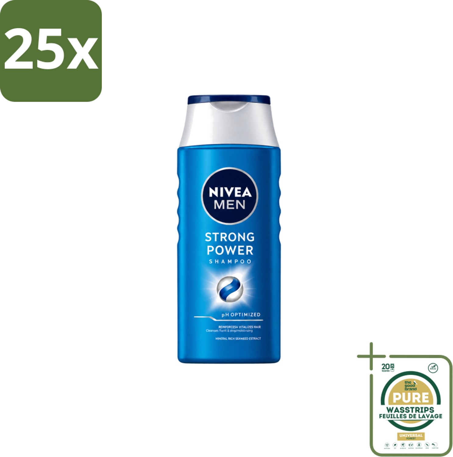 25 x NIVEA MEN – Shampoo – Strong Power – 250 ml - Wasstrips - Sterker Haar - Volume Shampoo - Krachtig Haar - Gezond Haar - Zichtbaar Sterker Haar