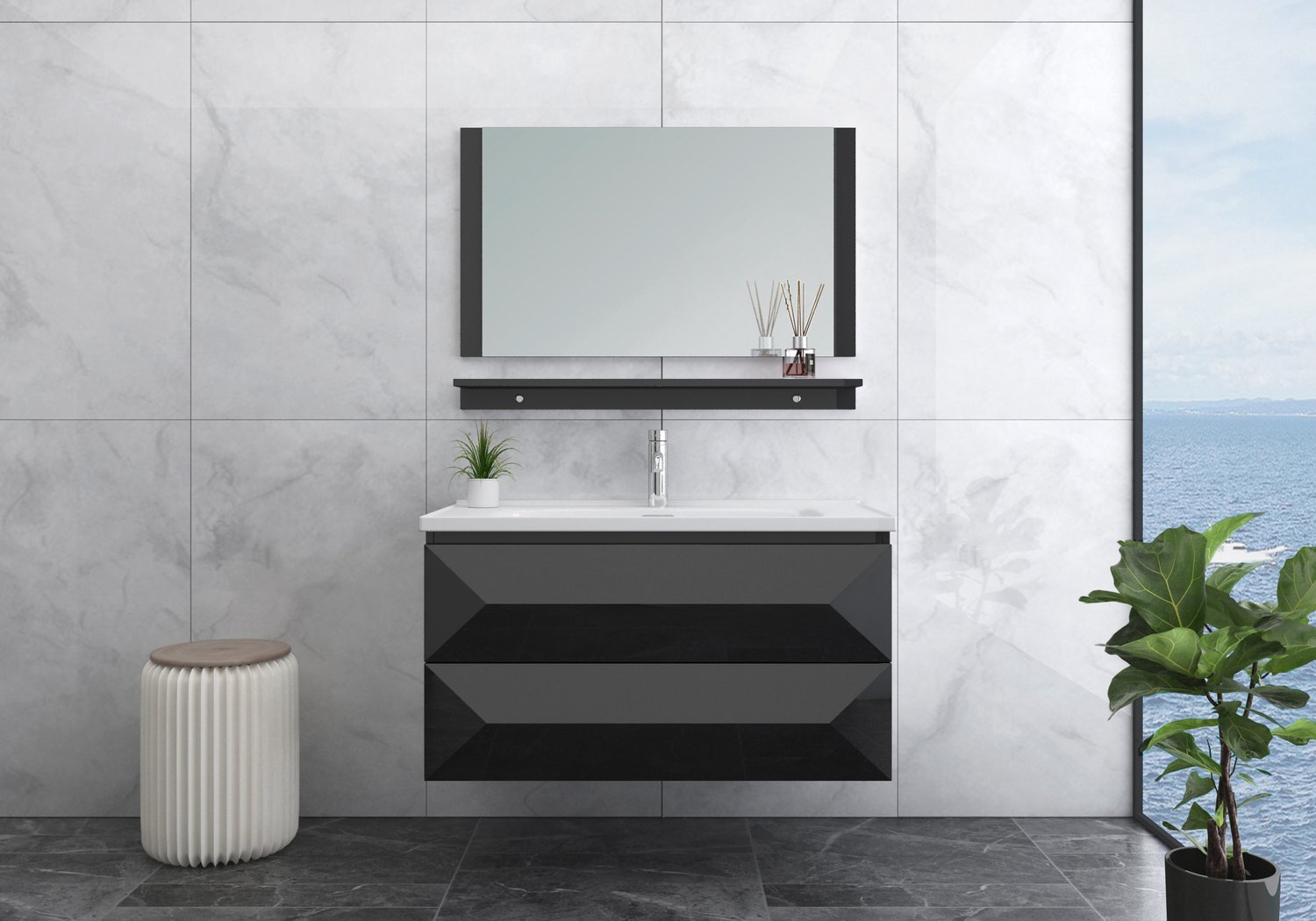Faizee Home Miran Badkamermeubelset 90 cm Zwart Hoogglans met keramische wastafel, spiegel en Soft-Close