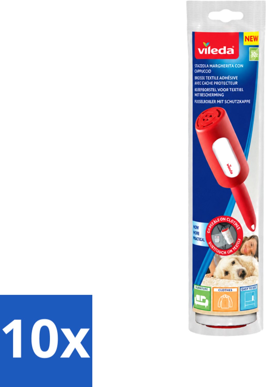 10 x Vileda - Lintroller - Pluisverwijderaar - Inclusief Beschermkap - 30 Vellen - Voordeelverpakking - 10 stuks