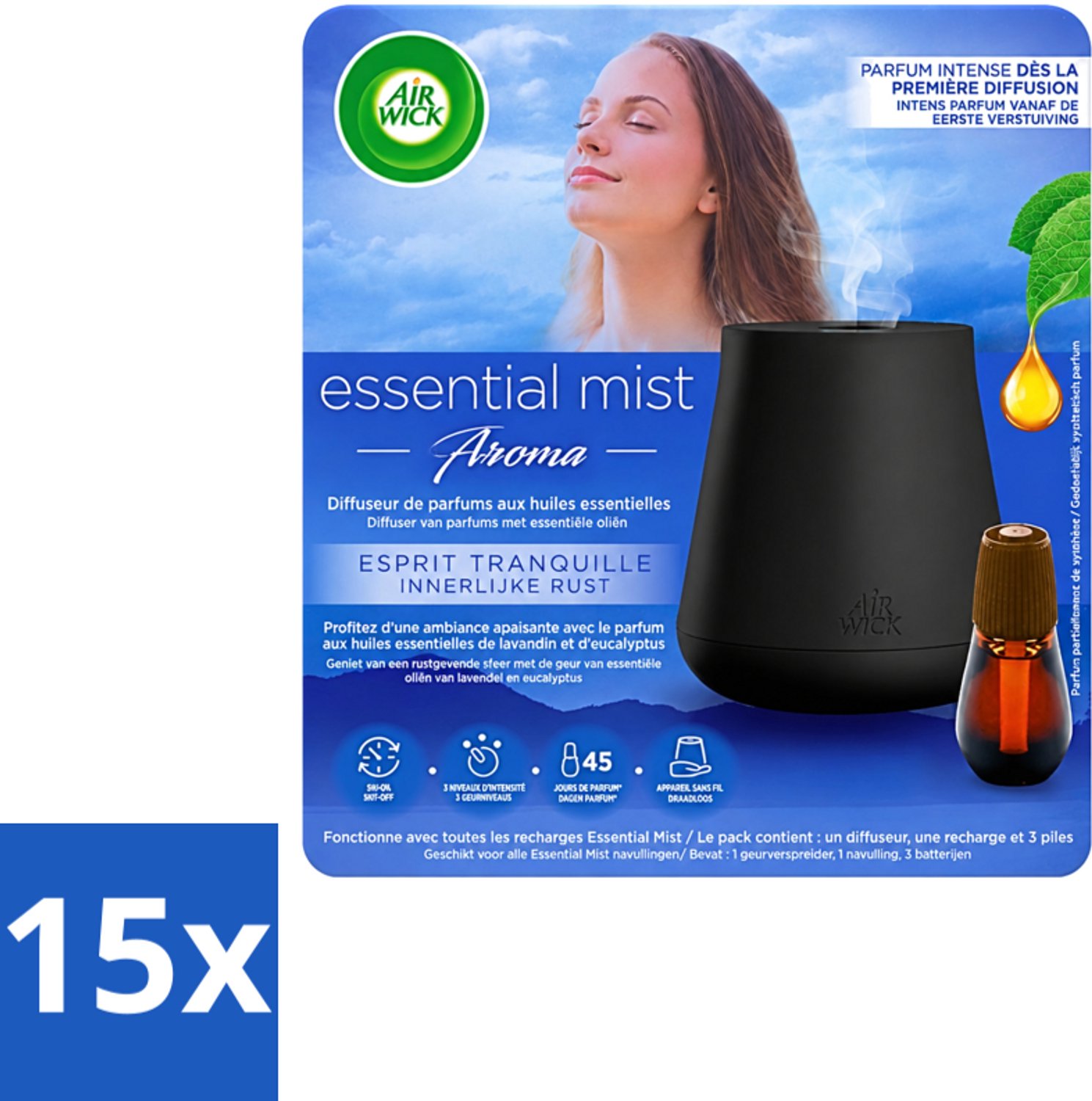 15 x Air Wick Essential Mist - Automatische Luchtverfrisser Kit - Innerlijke Rust - Eucalyptus & Lavendel - Voordeelverpakking - 15 stuks