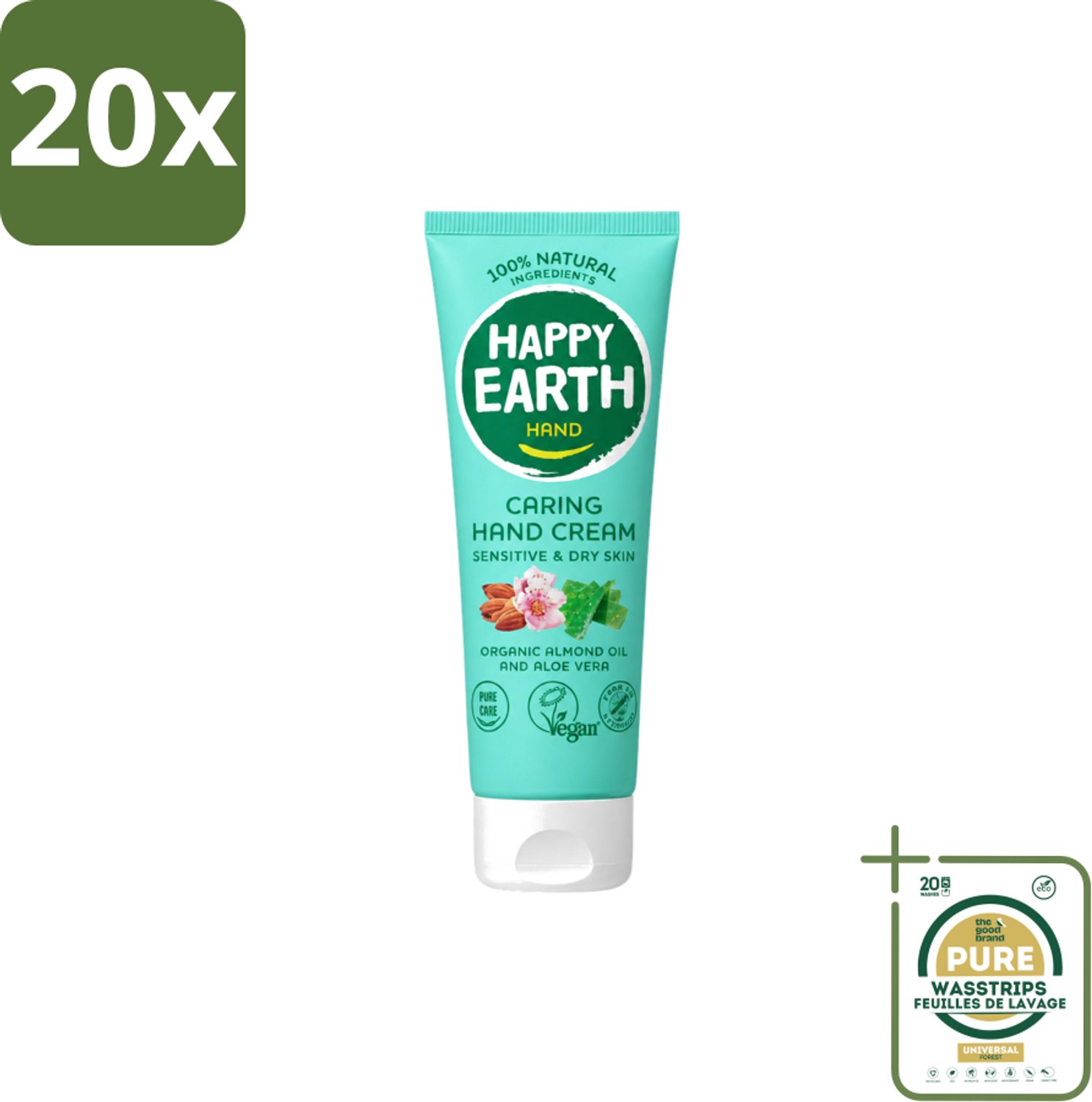 20 x Happy Earth – Handcrème – 100% Natuurlijk – 75 ml - Wasstrips - Natuurlijke Handcrème - Vegan Handcrème - Handcrème Voor Gevoelige Huid - Handcrème Met Amandel En Perzik - Handcrème Zonder Chemicaliën