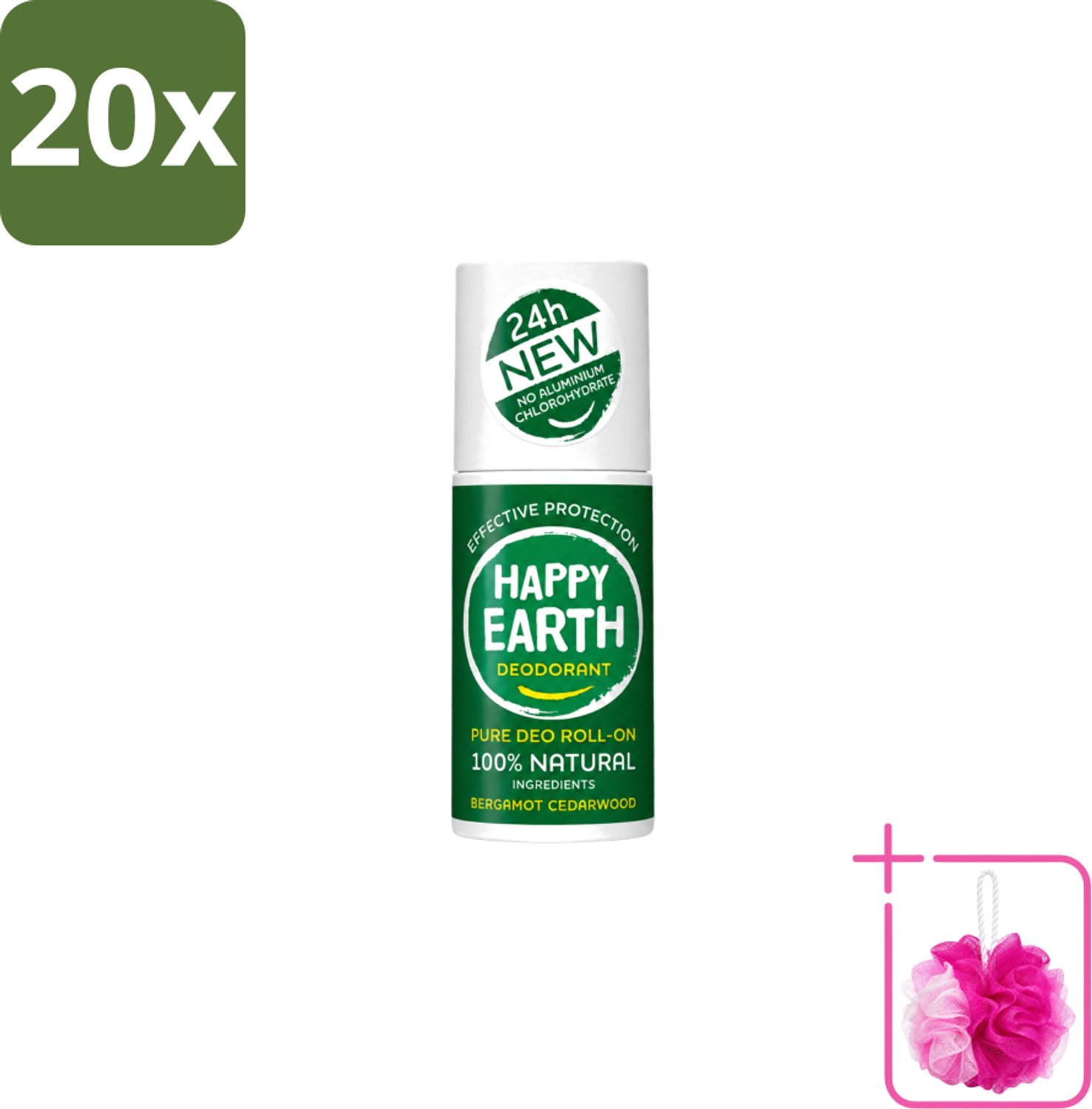 20 x Happy Earth – Deodorant Roll-On – 100% Natuurlijk Bergamot Cedarwood – 75 ml - Bulkverpakking - Bergamot - Douchemop - Cederhout