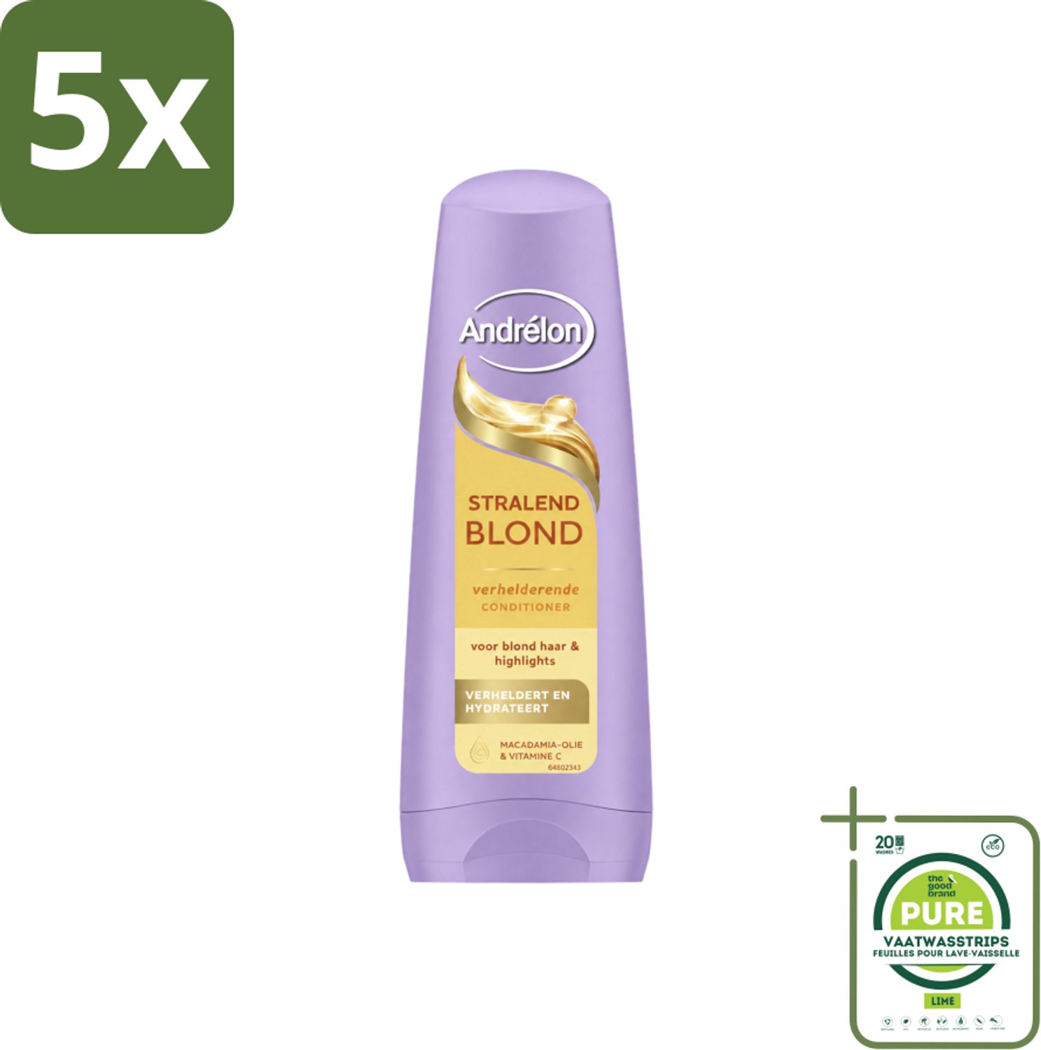 5 x Andrélon – Conditioner – Stralend Blond – 200 ml - Grootverpakking - Vaatwasstrips - Blond Haar Verzorgen - Verhelderen - Glans - Levendigheid - Kleuraccenten