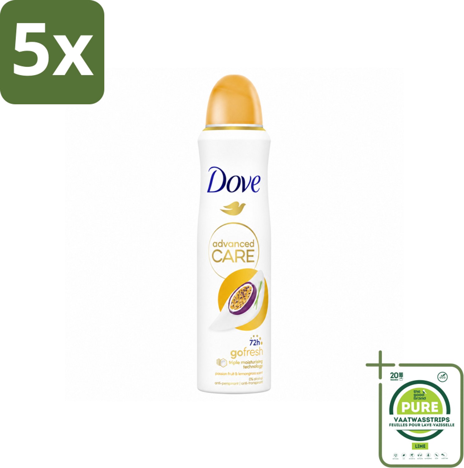 5 x Dove – Deodorant Spray – Passievrucht & Citroengras – 150 ml - Grootverpakking - Vaatwasstrips - Anti-transpirant - Deodorant Spray - Passievrucht - Citroengras - Zweetbehandeling