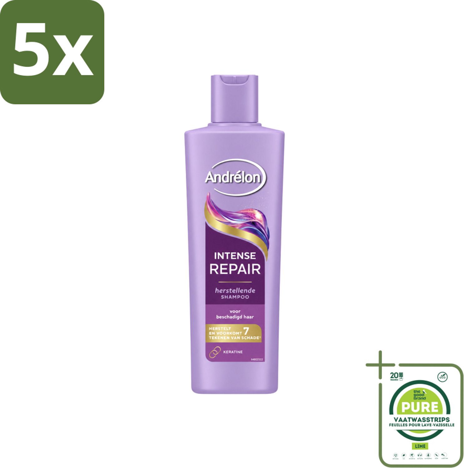 5 x Andrélon – Shampoo – Intense Repair – 250 ml - Grootverpakking - Vaatwasstrips - Haar Herstellen - Beschadigd Haar - Keratine Shampoo - Haar Beschermen - Haar Herstel