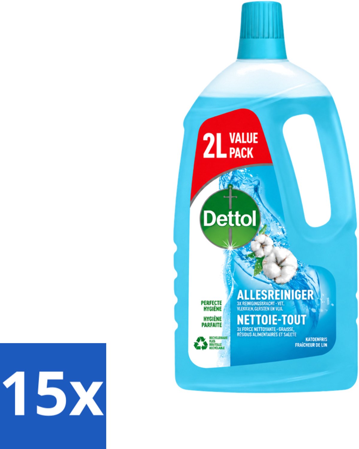 15 x Dettol - Allesreiniger - Katoenfris - Perfecte Hygiëne - 2L - Voordeelverpakking - 15 stuks