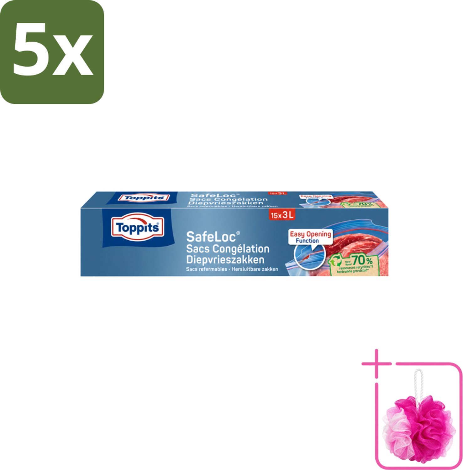 5 x Toppits – Safeloc Zip-Diepvrieszakken – 3 Liter – 15 Zakjes - Bulkverpakking - Diepvrieszakken - Douchemop - Dubbele sluiting