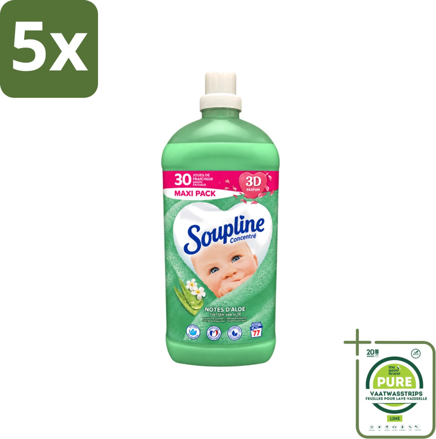 5 x Soupline - Wasverzachter - Aloë Vera Concentraat - 77 Wasbeurten - Grootverpakking - Vaatwasstrips - Wasverzachter Aloë Vera - Wasverzachter Voor Kleding - Aloë Vera Wasverzachter - Zachte Wasverzachter - Wasverzachter Voor Gezin