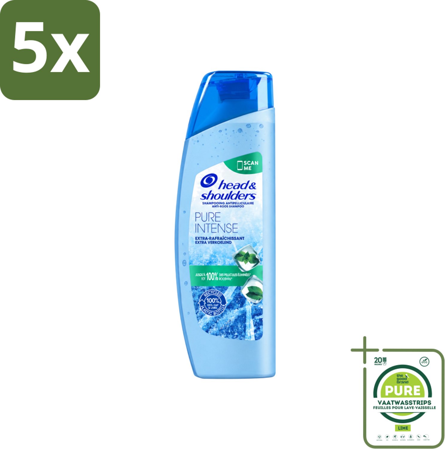 5 x Head & Shoulders - Anti-Roos Shampoo - Pure Intense - Extra Verkoelend - 250 ml - Grootverpakking - Vaatwasstrips - Roosvrij Haar - Roosbestrijding - Verkoelend Shampoo - Menthol Shampoo - Frisse Geur