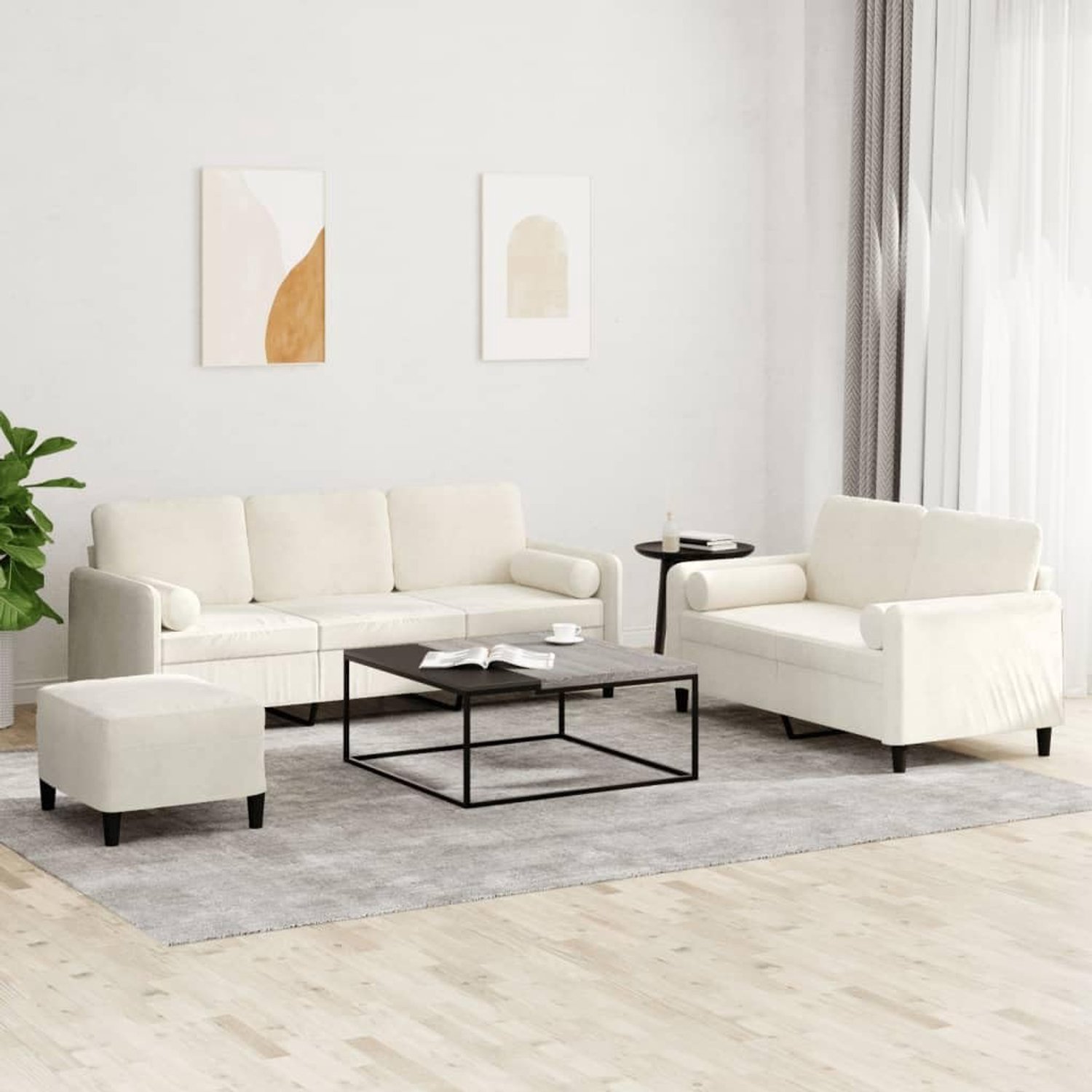3-delige bankset met kussen, crème fluweel, zachte velours stof en robuust metalen frame voor duurzaamheid, comfortabele bekleding en praktische rolkussens, veelzijdig