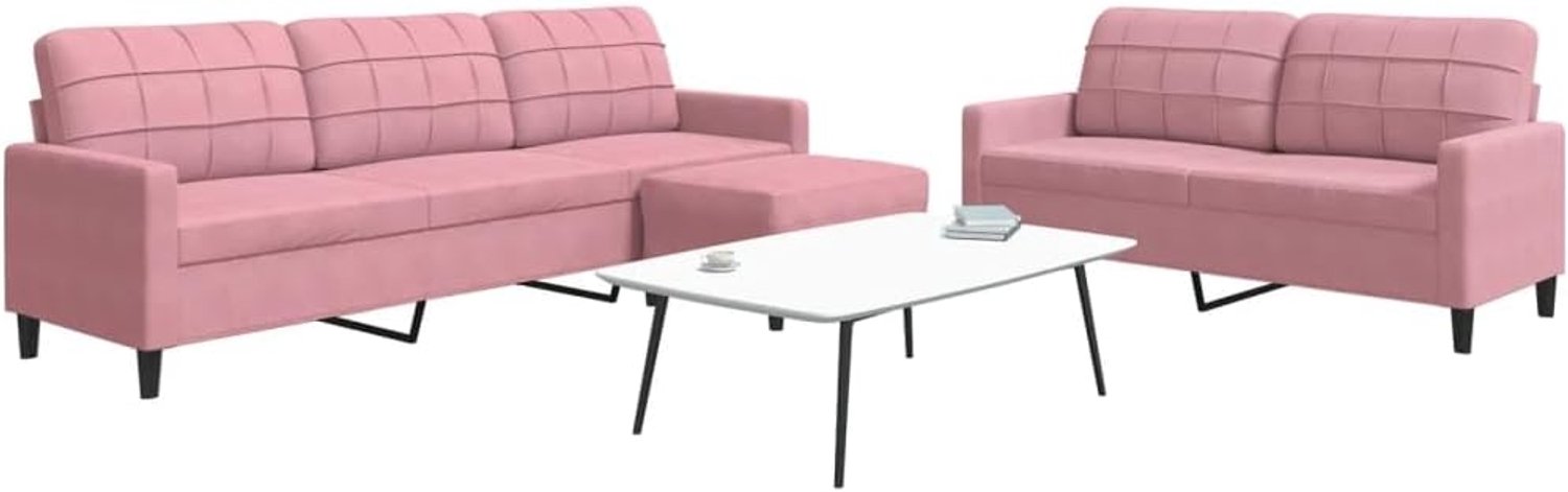3-delige bankset met kussen, roze fluweel, zachte fluwelen stof, bankset met metalen frame voor woonkamer, comfortabele bekleding en veelzijdige kruk, modern design