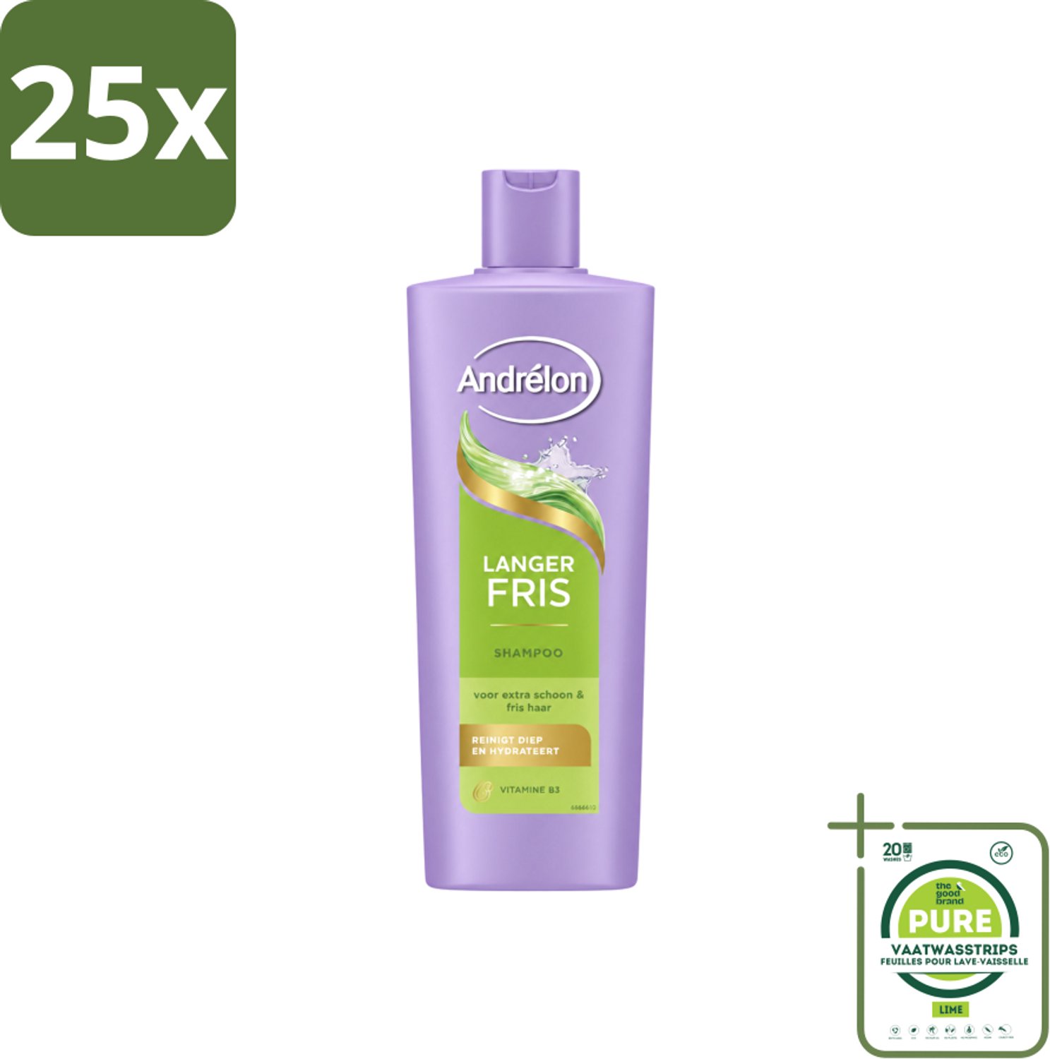 25 x Andrélon – Shampoo – Langer Fris – 400 ml - Grootverpakking - Vaatwasstrips - Luchtig Haar - Fris Haar - Vet Haar - Diepe Reiniging - Vitamine B3