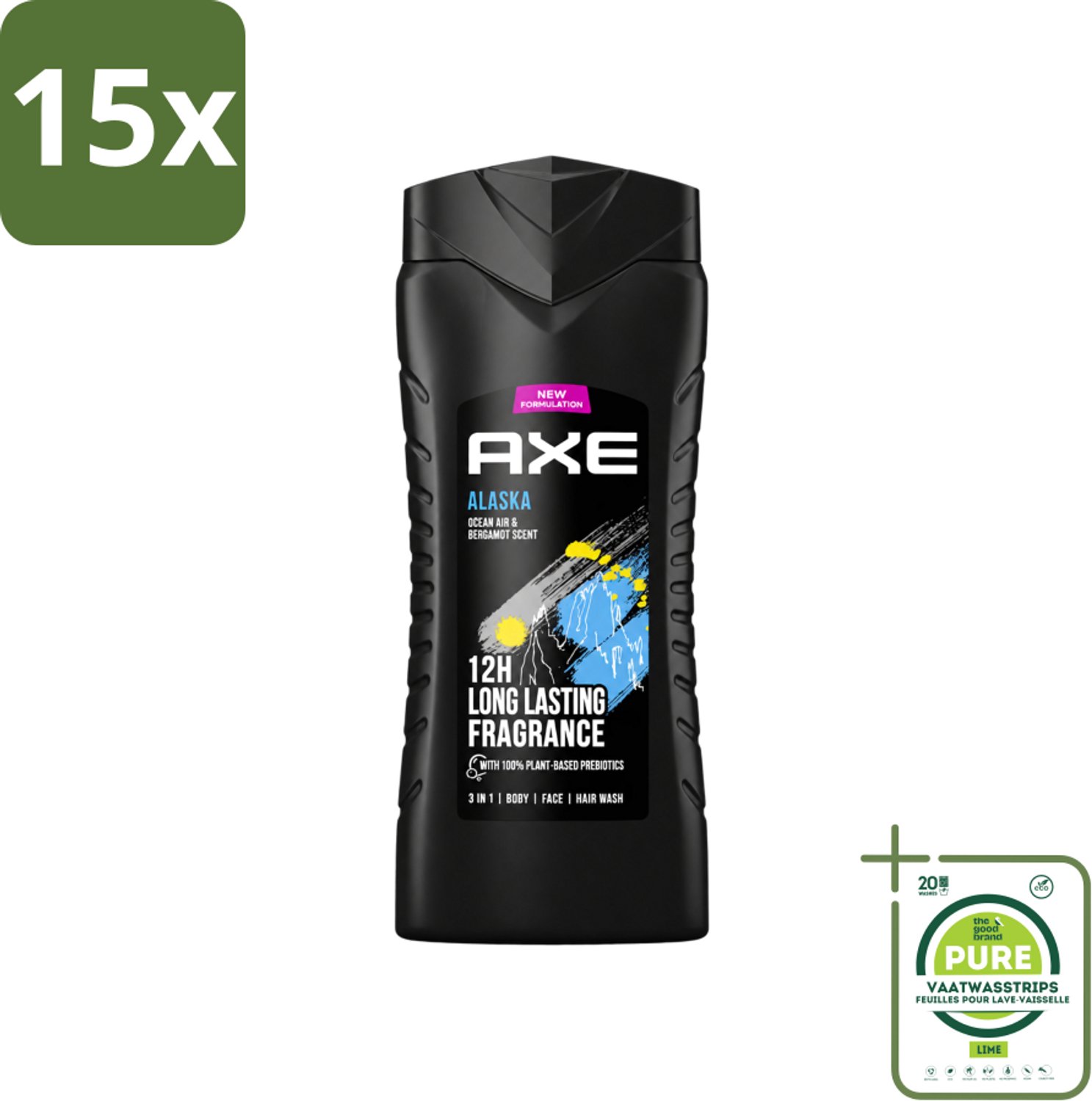 15 x Axe XL - 3-in-1 Douchegel - Alaska - Ocean Air & Bergamot - 12hrs Long Lasting Scent - 400 ml - Grootverpakking - Vaatwasstrips - Douchegel - Oceaanlucht - Bergamot - Frisheid - 3-in-1