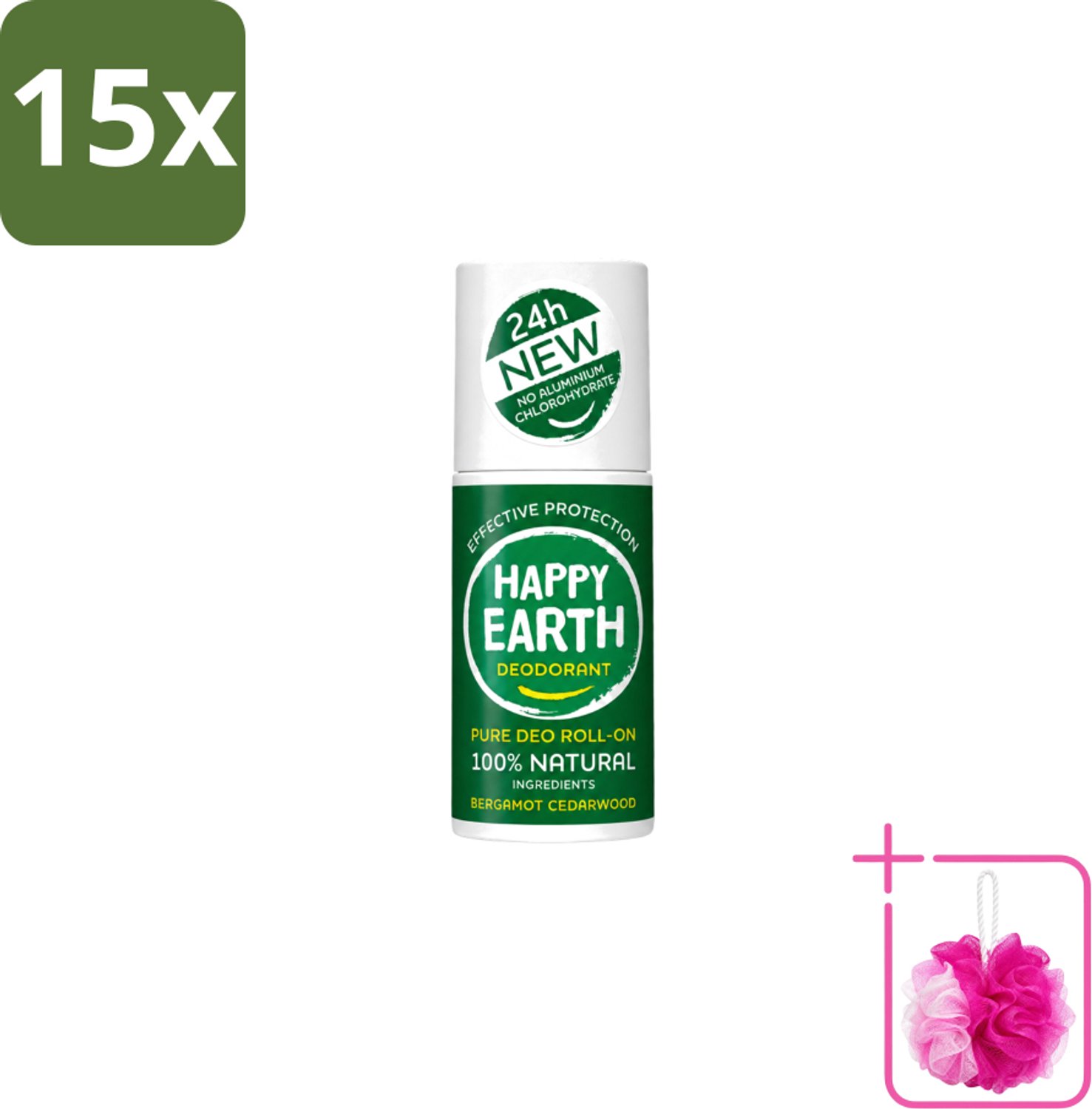 15 x Happy Earth – Deodorant Roll-On – 100% Natuurlijk Bergamot Cedarwood – 75 ml - Bulkverpakking - Bergamot - Douchemop - Cederhout