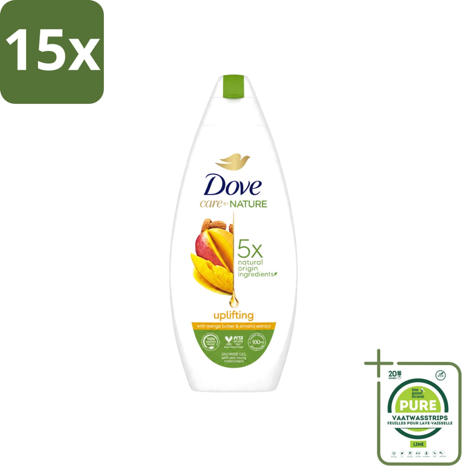 15 x Dove Care By Nature - Uplifting - Douchegel - Mangoboter & Almond Extract - 225 ml - Grootverpakking - Vaatwasstrips - Douchegel - Huidverzorging - Opwekkende Douchegel - Hydraterende Douchegel - Mangoboter