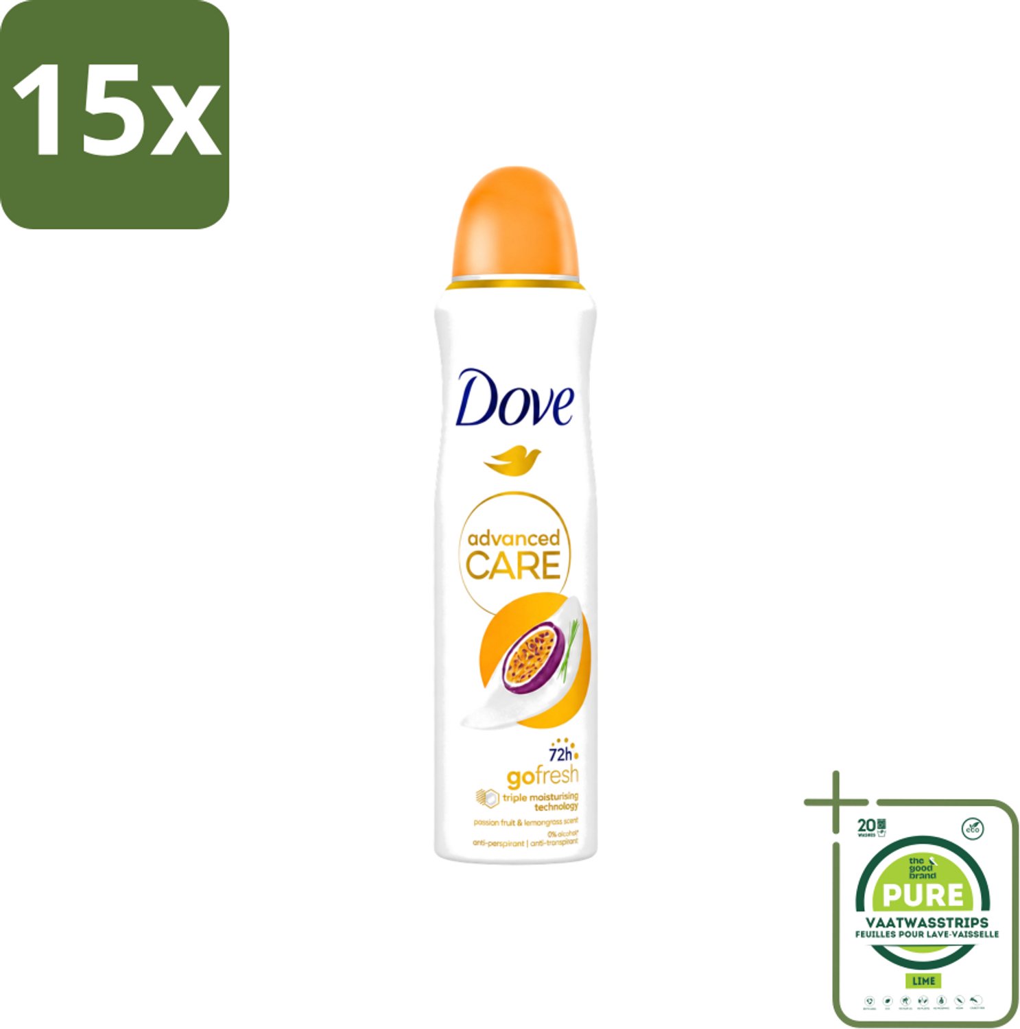 15 x Dove - Deospray - Passievrucht & Citroengras - 150 ml - Grootverpakking - Vaatwasstrips - Passievrucht En Citroengras - Anti-transpirant - Deospray - Okselbescherming - Geur