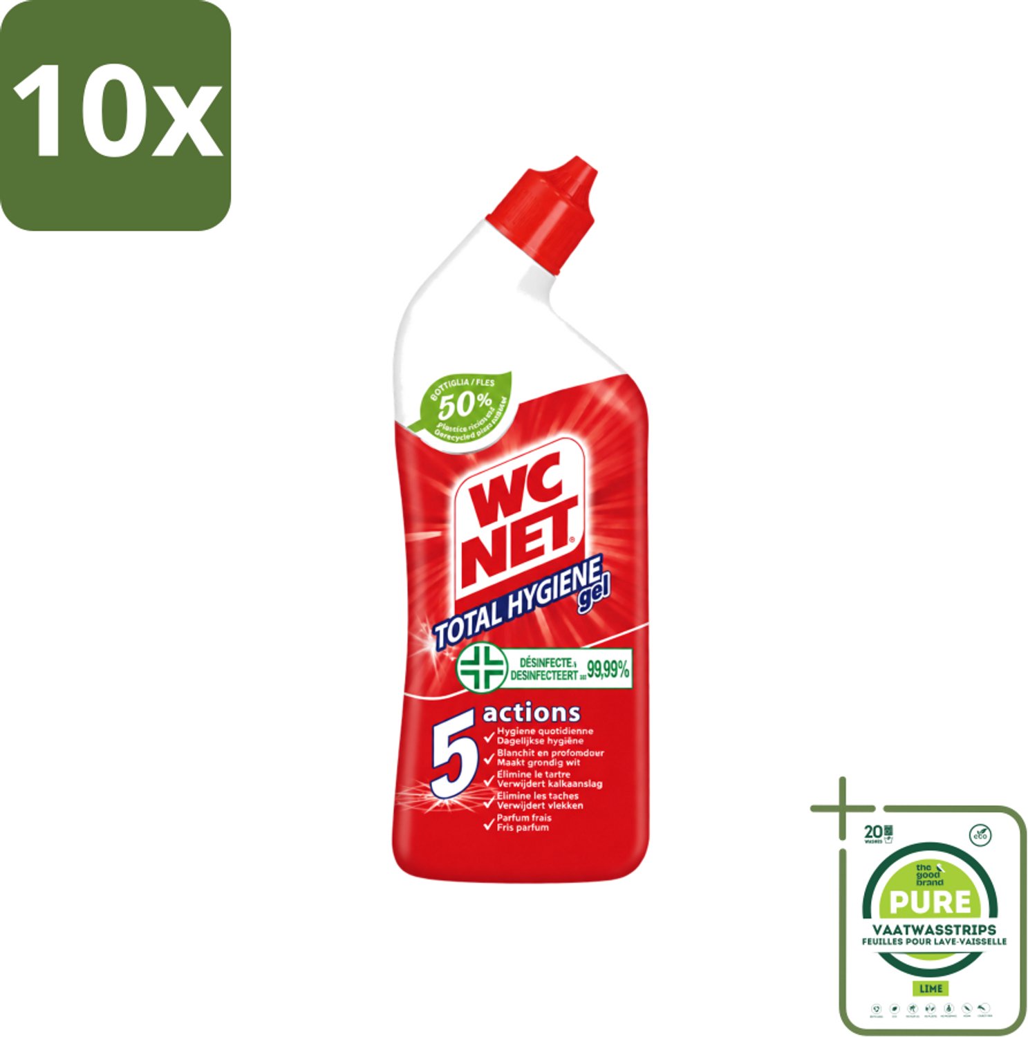 10 x WC Net - Toiletreiniger - Gel - Ontkalkt En Verwijdert Vlekken - 750 ml - Grootverpakking - Vaatwasstrips - WC Net - Toilet Reinigen - Kalk Verwijderen - Toilet Reinigingsgel - Toilet Hygiëne