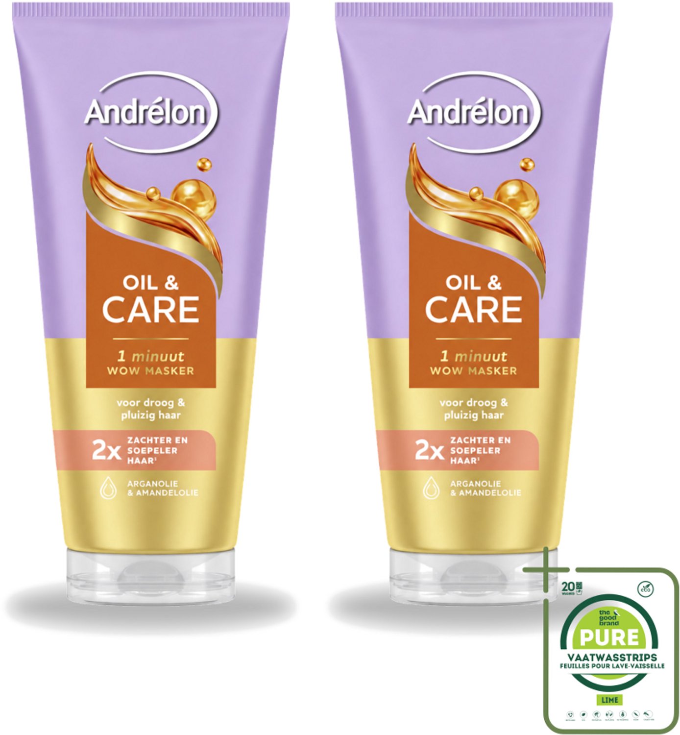 2 x Andrélon – Haarmasker WOW – Oil & Care – 180 ml - Grootverpakking - Vaatwasstrips - Haarmasker - Haar Verzorging - Droog Haar - Pluizig Haar - Arganolie