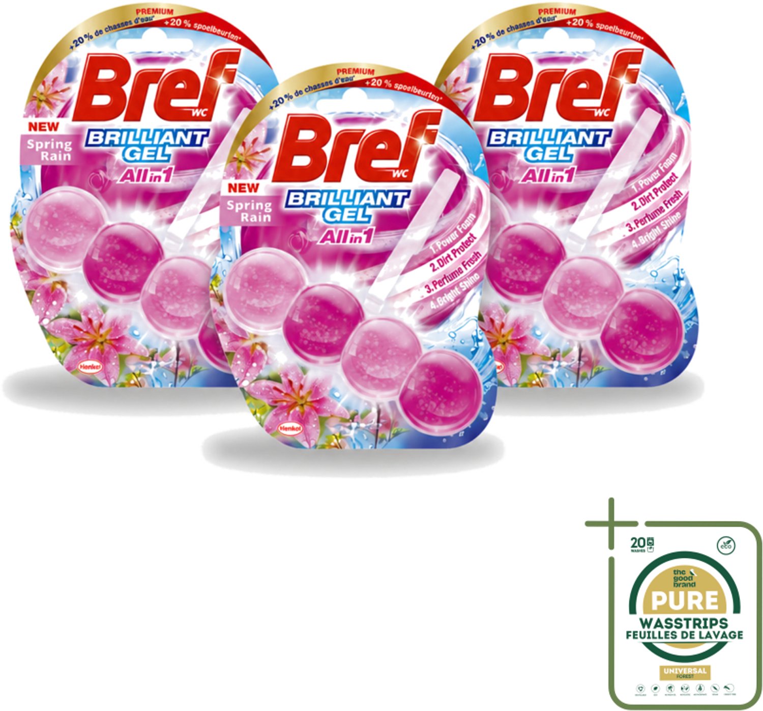 3 x Bref - Toiletblok - Brilliant Gel - Spring Rain - 42g - Wasstrips - Toiletblok - Toilet Reinigen - Toilet Fris - Toilet Glans - Toilet Hygiëne