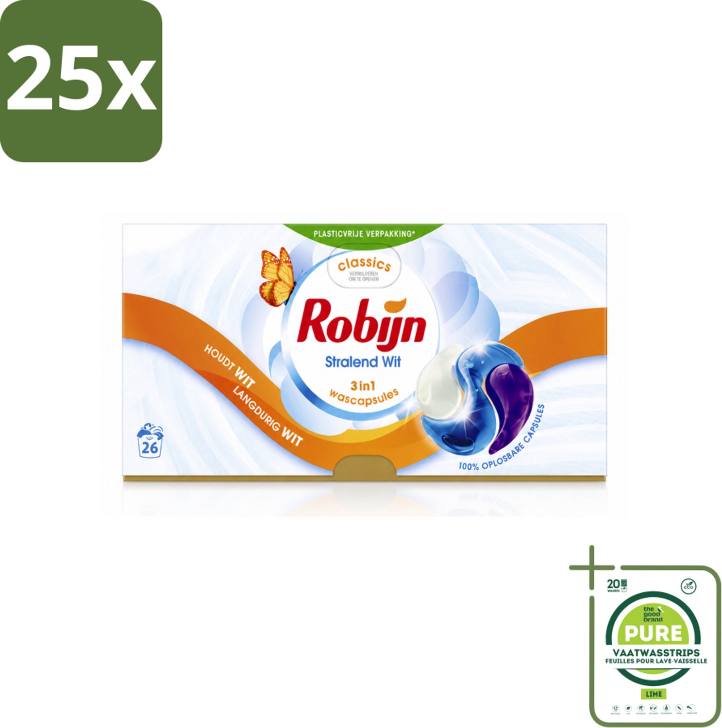 25 x Robijn – 3-in-1 Wascapsules – Stralend Wit - 26 Capsules - Grootverpakking - Vaatwasstrips - Wascapsules - Witte Was - Wasverzachter - Wasgeur - Wasbehandeling