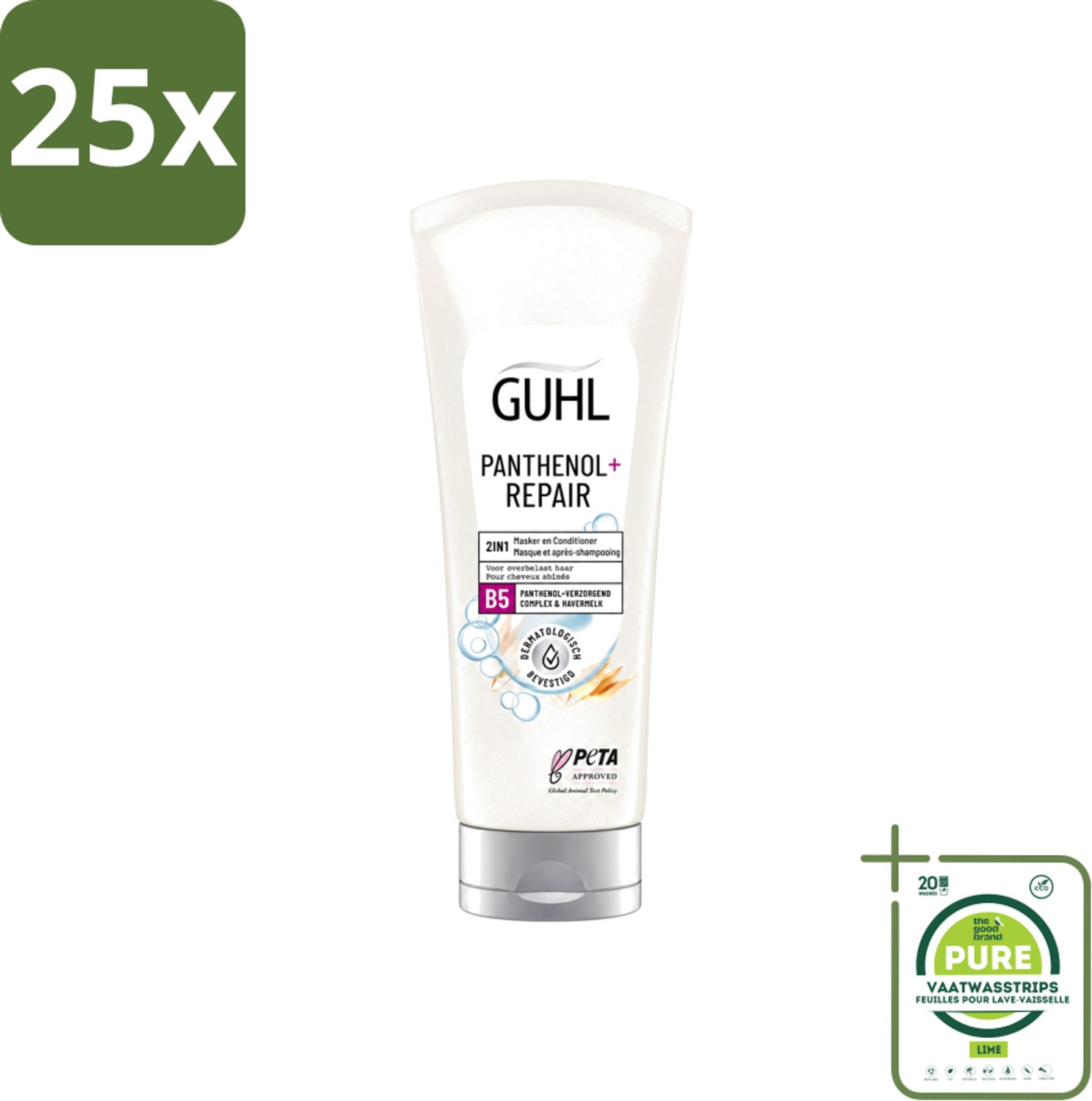 25 x Guhl – 2-in-1 Masker & Conditioner – Panthenol+Repair – 200 ml - Grootverpakking - Vaatwasstrips - Haarmasker - Conditioner - Panthenol - Haarverzorging - Haarherstel